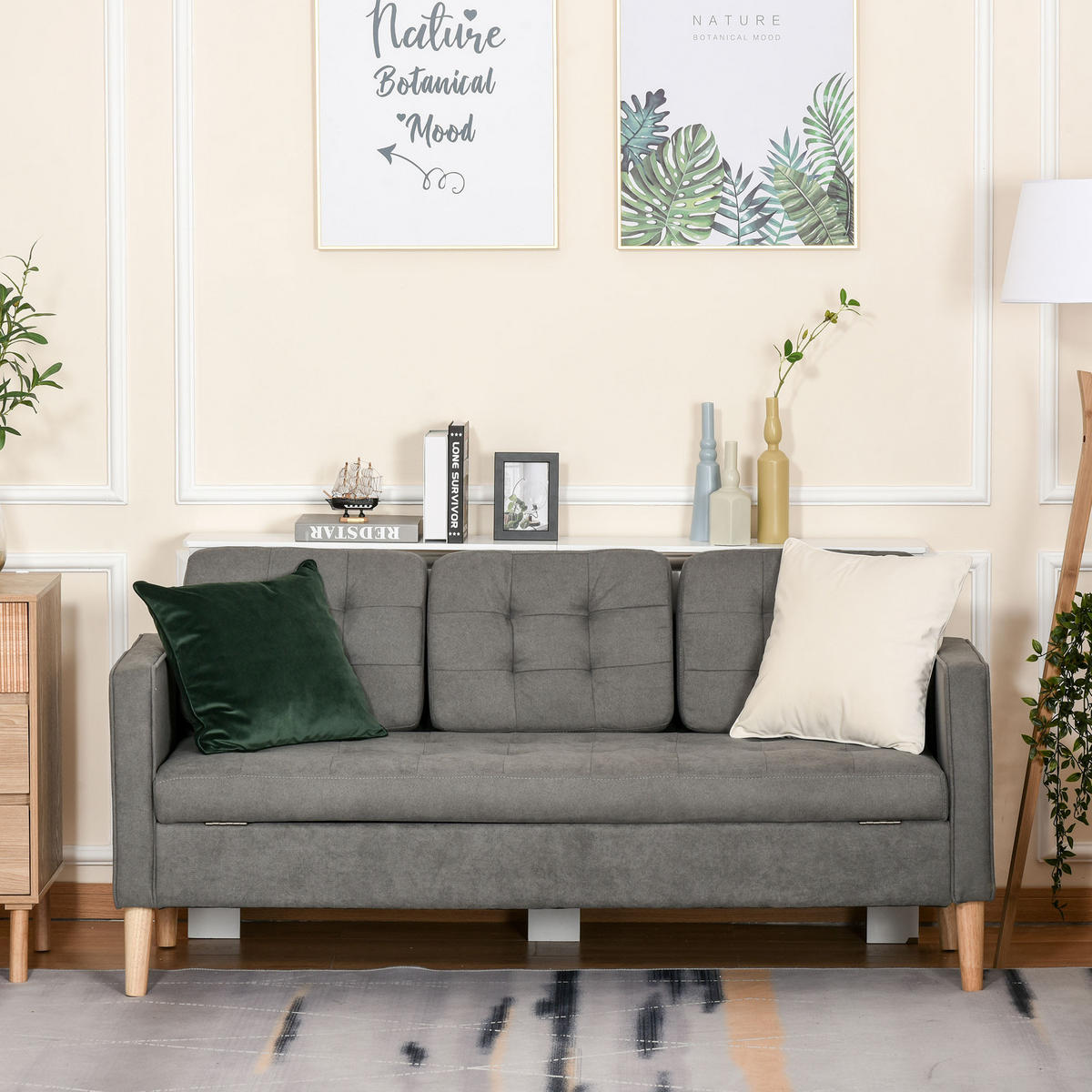 3-SITZER Sofa Stoffsofa Doppelsofa abnehmbar mit Kissen Gummiholz Baumwoll Grau - Naturfarben/Grau, Holz/Textil (62/82/166.5cm) - HOMCOM