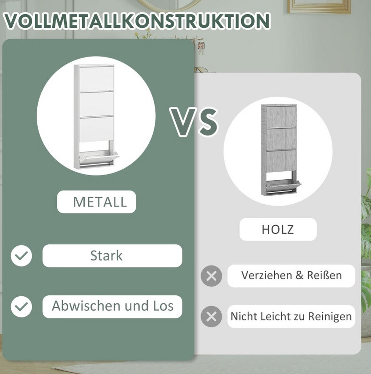SCHUHSCHRANK 55/15/139,5 cm in Weiß mit 4 Klappen aus Metall - Weiß, Metall (55/139/15cm) - Flora Grace