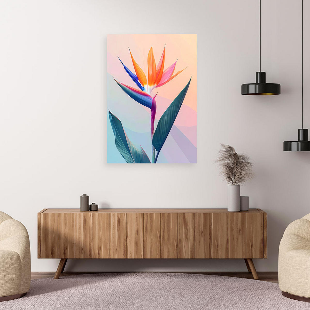 LEINWANDBILDER, Eine farbenfrohe Strelitzienblüte in einer minimalistischen Komposition - Multicolor, Textil (80/120cm) - Feeby