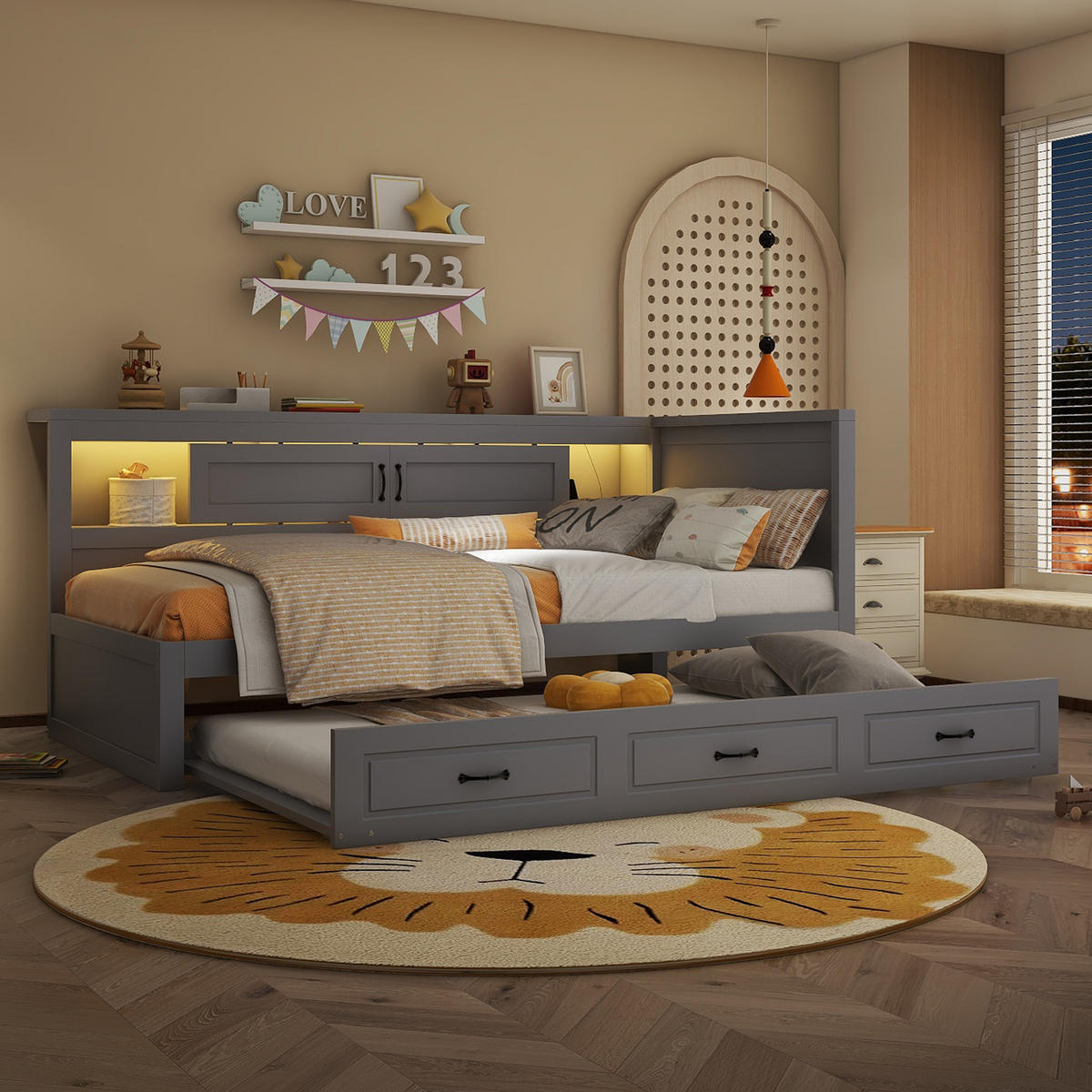 SCHLAFSOFA 90x200cm Grau LED-Licht Bettseite Staufach Ausziehbett USB - Grau, Holz (90/200cm) - FLIEKS