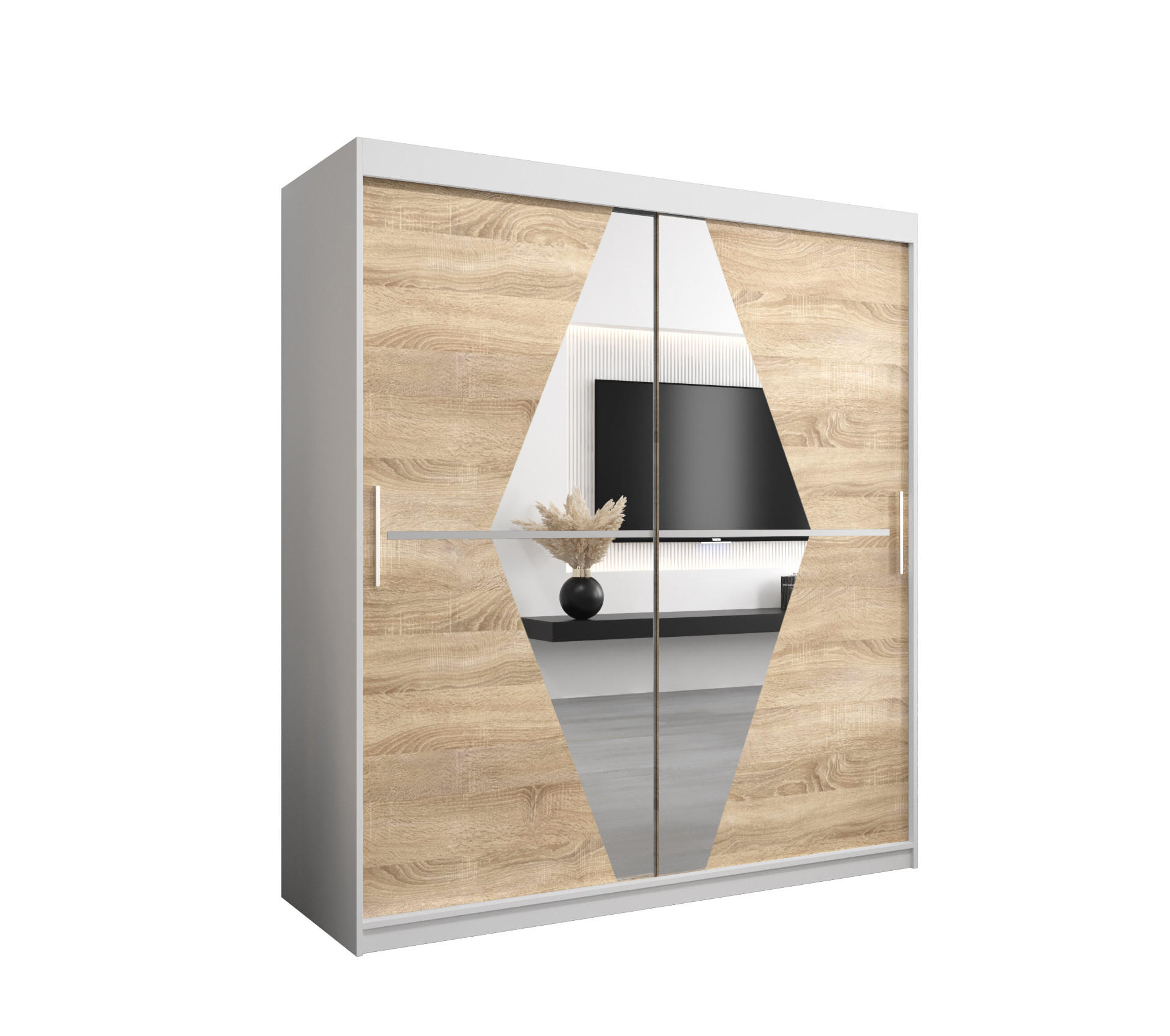 Abiks Möbel Schwebetürenschrank Weiß, Sonoma Eiche 180x200x62 cm