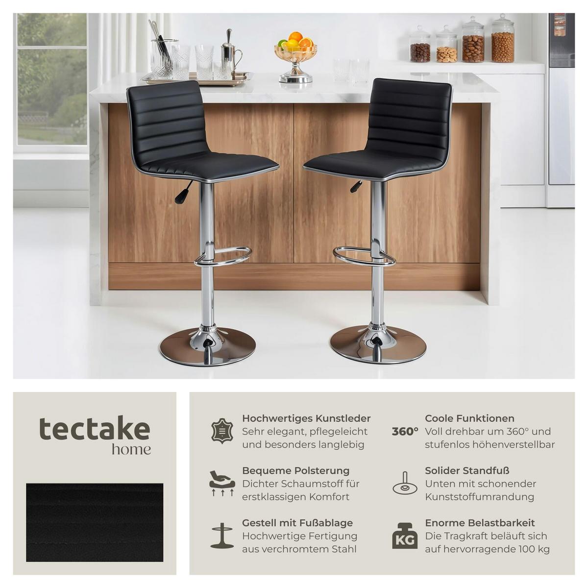 BARHOCKER 2er Set Johannes, Sitzhöhe 60 - 81 cm, schwarz - Schwarz, Leder/Textil (40/109/38cm) - tectake
