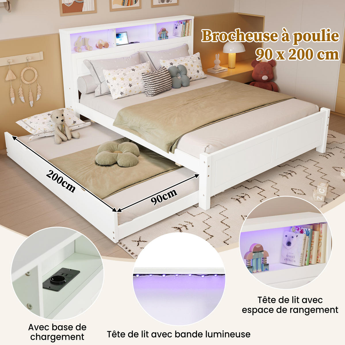 BETT 120/200 cm & 90/190 cm in Weiß mit Ausziehbett, LED, USB und Regal - Weiß, Holzwerkstoff (120/200cm) - STILVORA