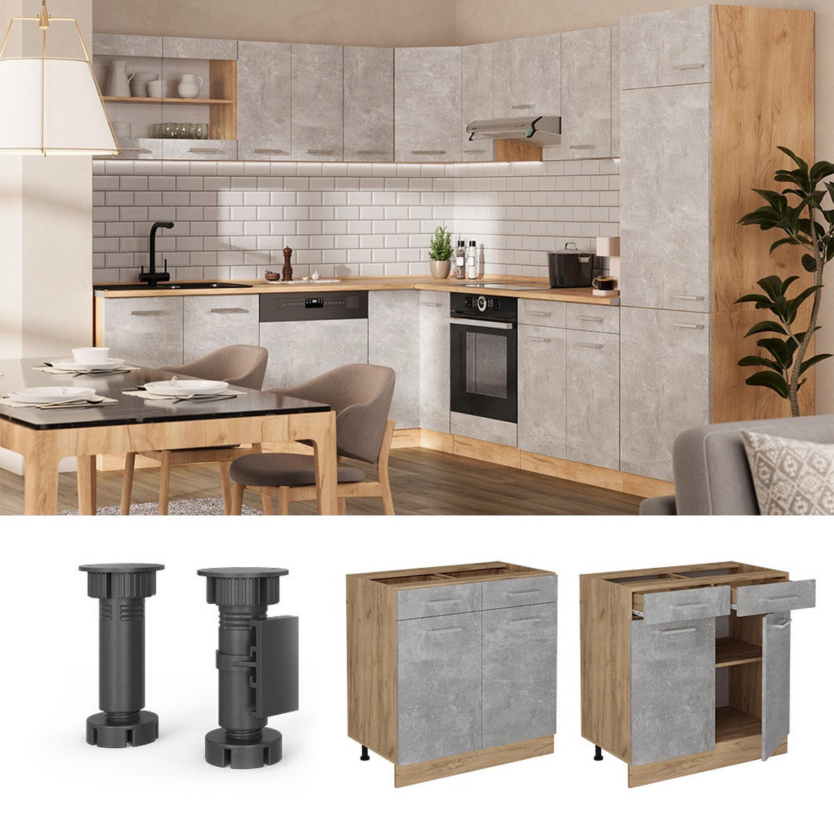 KÜCHENUNTERSCHRANK R-Line Beton 80 cm ohne Arbeitsplatte - Honigeiche/Grau, Holzwerkstoff (80/81.6/46cm) - Vicco