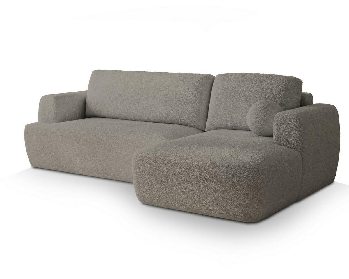 ECKSOFA SENTI N R-S Hellgrau Boucle-Stoff mit Schlaffunktion - Hellgrau, Holz (246/148cm) - MASSENO