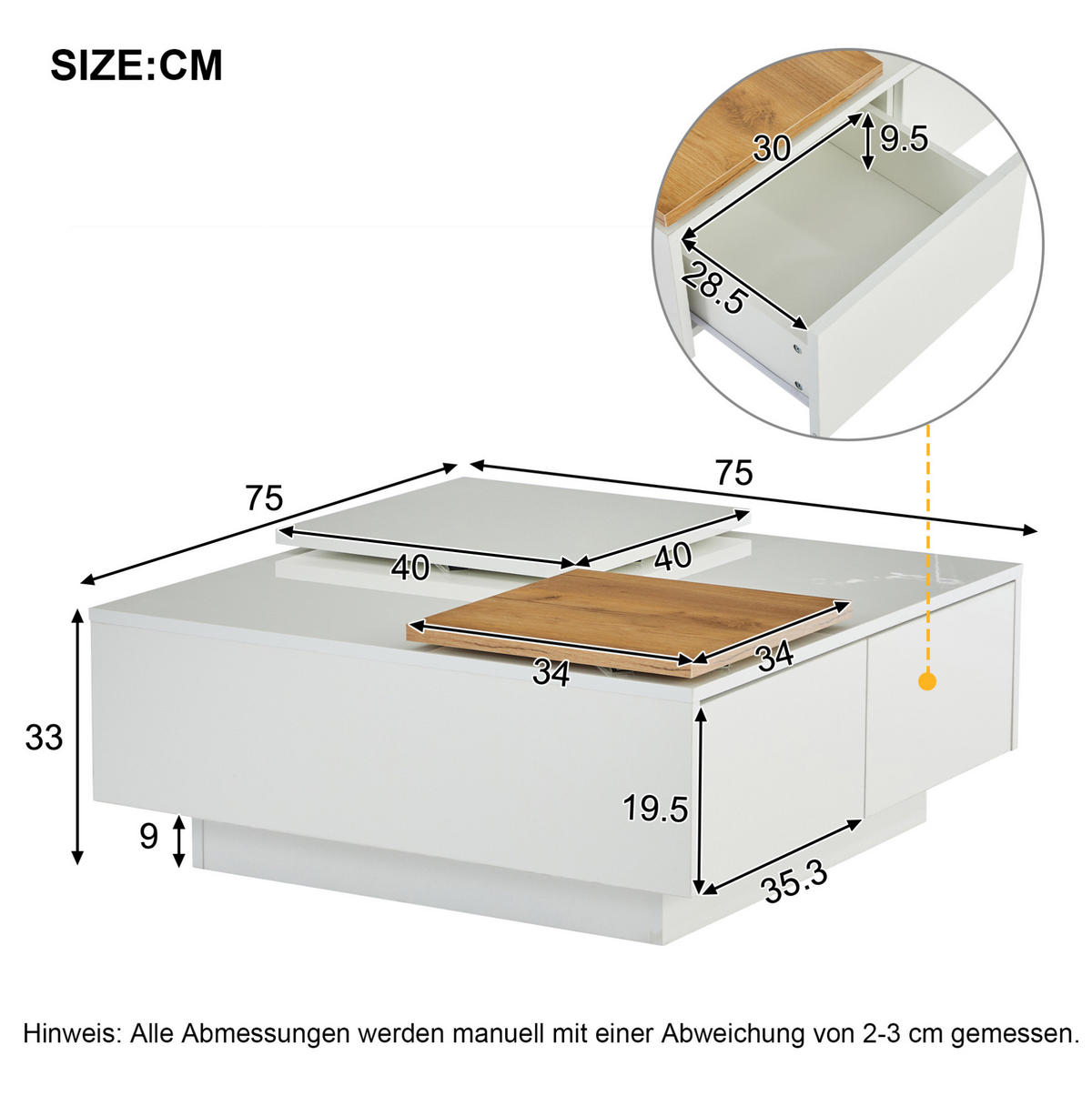 COUCHTISCH aus Spanplatte 75x75x33,5 cm in Weiß mit 4 Schubladen - Weiß, Holzwerkstoff (75/75/33cm) - Modfu