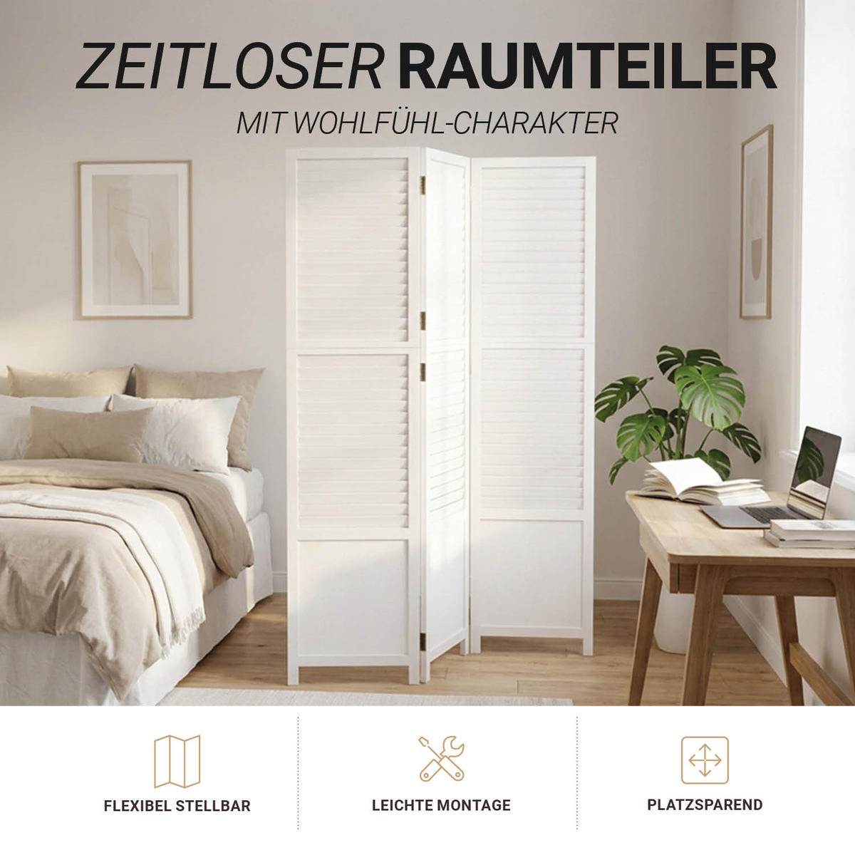 PARAVENT 3-tlg. 130/175 cm Weiß Holzlamellen - Weiß, Holz (129/175/2cm) - Homestyle4u