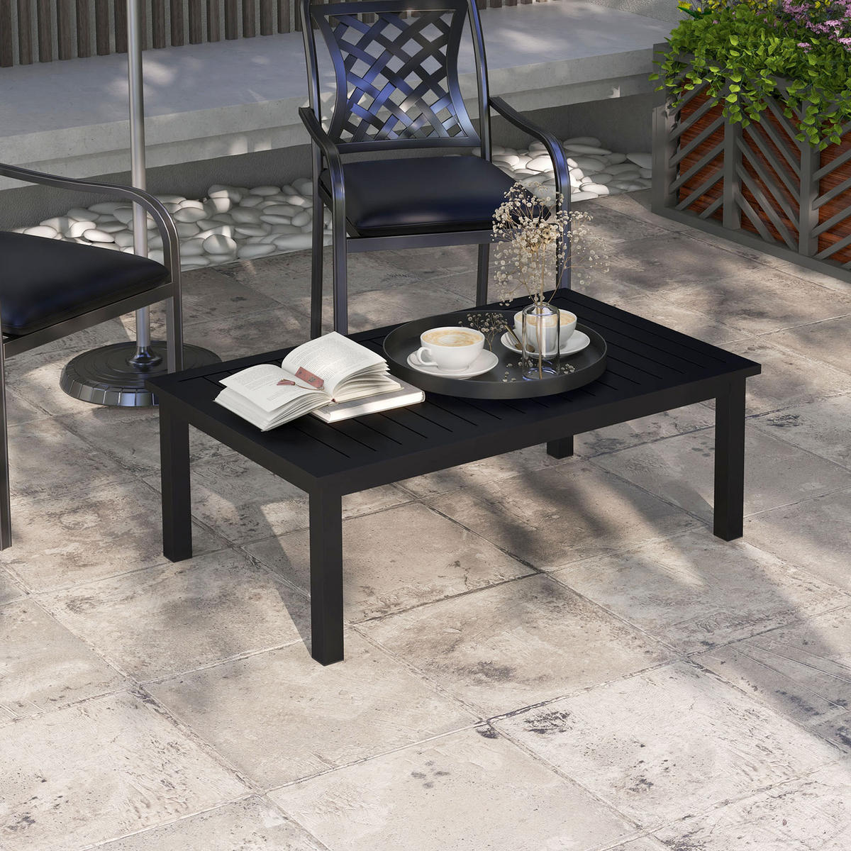 GARTENBEISTELLTISCH DE-14092 Aluminium mit Lattenrost 100x60 cm Schwarz - Schwarz, Metall (100/60/37cm) - ComfortXL