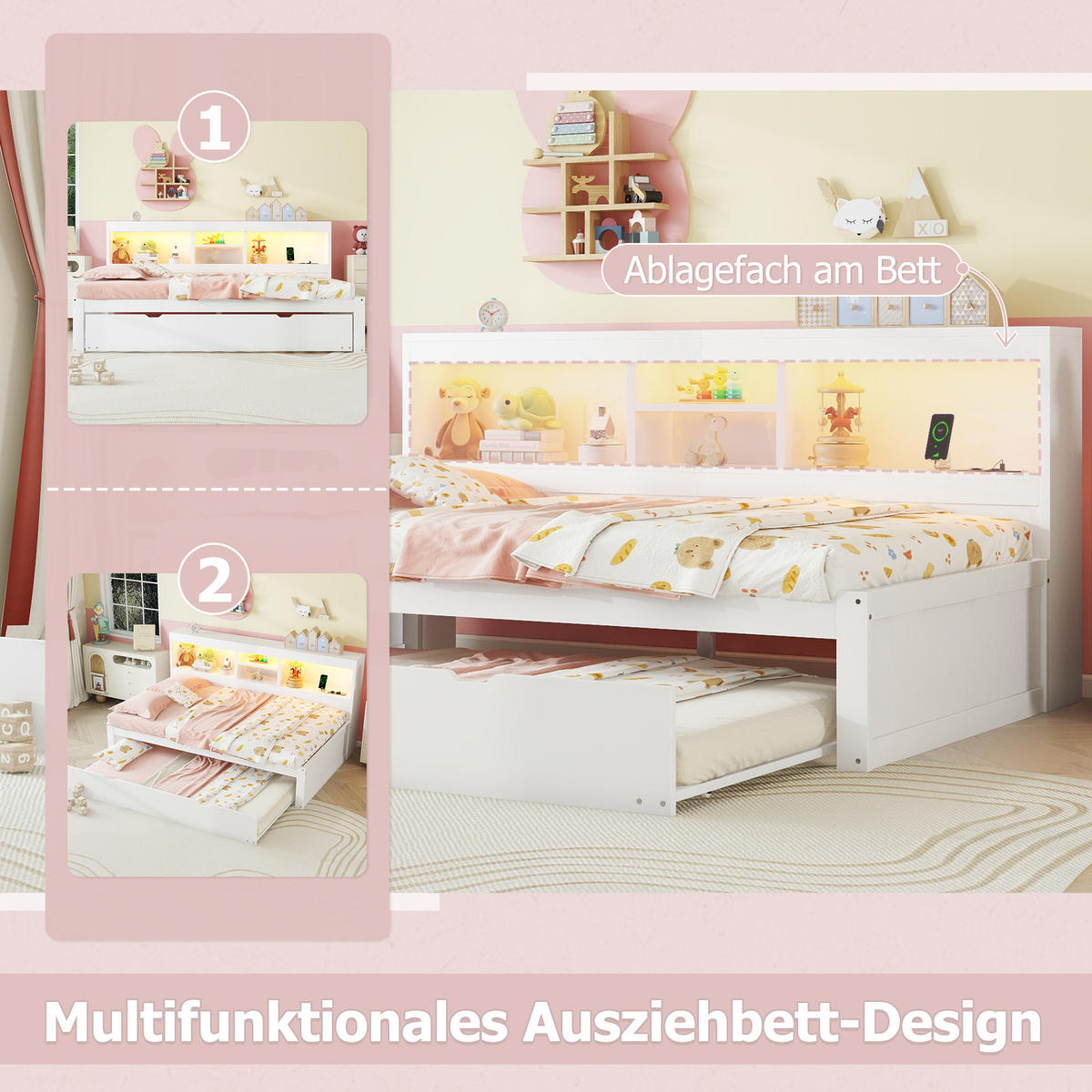MULTIFUNKTIONSBETT 90/200 cm weiß mit LED-Beleuchtung und Stauraum - Weiß, Holzwerkstoff (90/200cm) - OKWISH