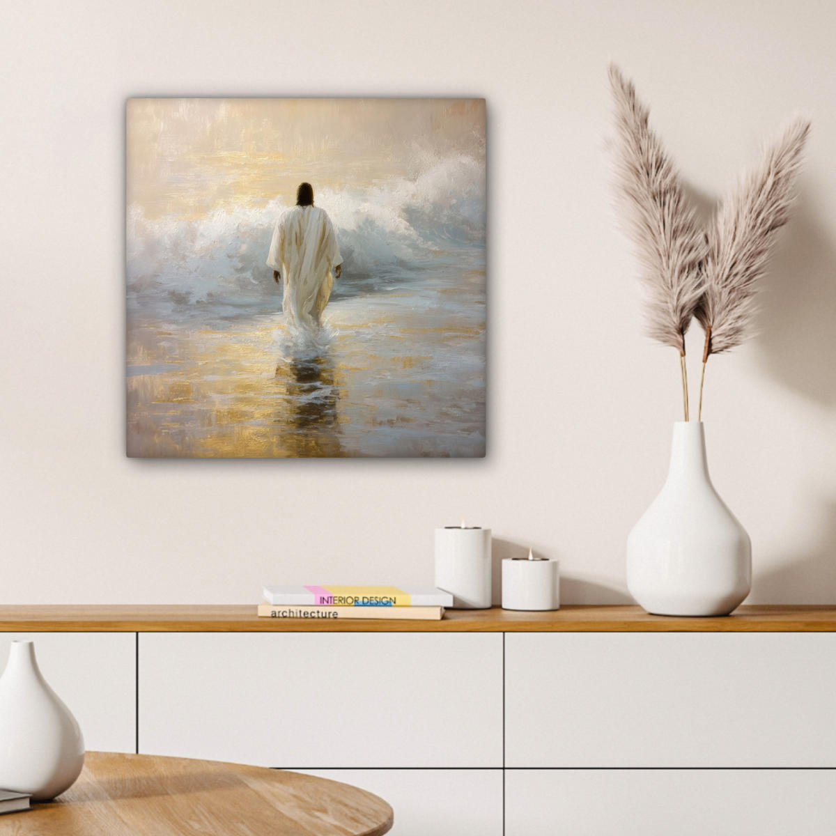 LEINWANDBILD Gemälde - Welle - Jesus - Abstrakt Wandbild Wohnzimmer 50x50 cm - Goldfarben, Textil (50/50cm) - MuchoWow