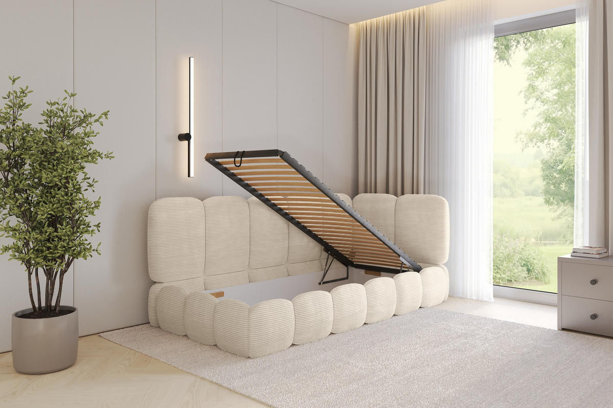 EINZELLBETT Jugendbett mit Bettkasten, Links - AVRY 100x200 Beige - Beige/Creme, Holzwerkstoff/Textil (100/200cm) - ALTDECOR