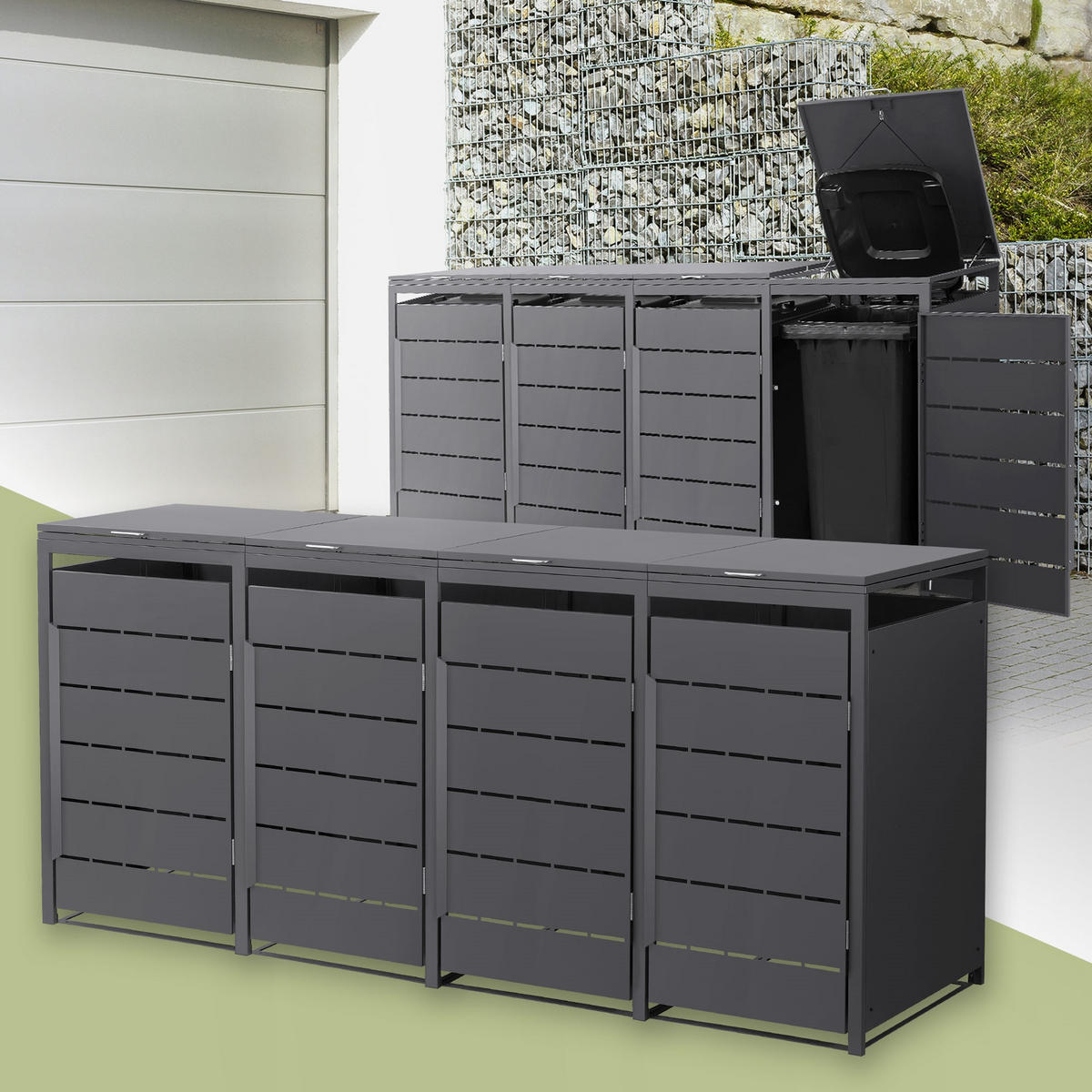 MÜLLTONNENBOX 4er 240L 260x80x120 cm Anthrazit aus Stahl wetterfest - Anthrazit, Metall (80/120/260cm) - ML-DESIGN