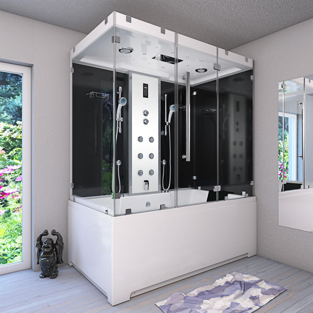 BADEWANNE Dusche K80-SW-EH-C-SC-EA Duschkabine - Schwarz, Glas/Kunststoff (180/100/228cm) - AcquaVapore by Sandra Jentho