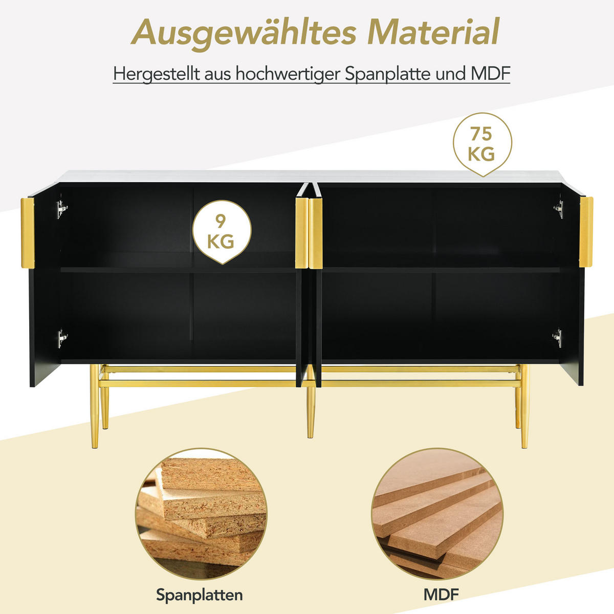 SIDEBOARD mit 4 Türen und Goldakzenten, 152.5/40.5/80cm - Schwarz, Holzwerkstoff (152.5/80/40.5cm) - Urban Meuble