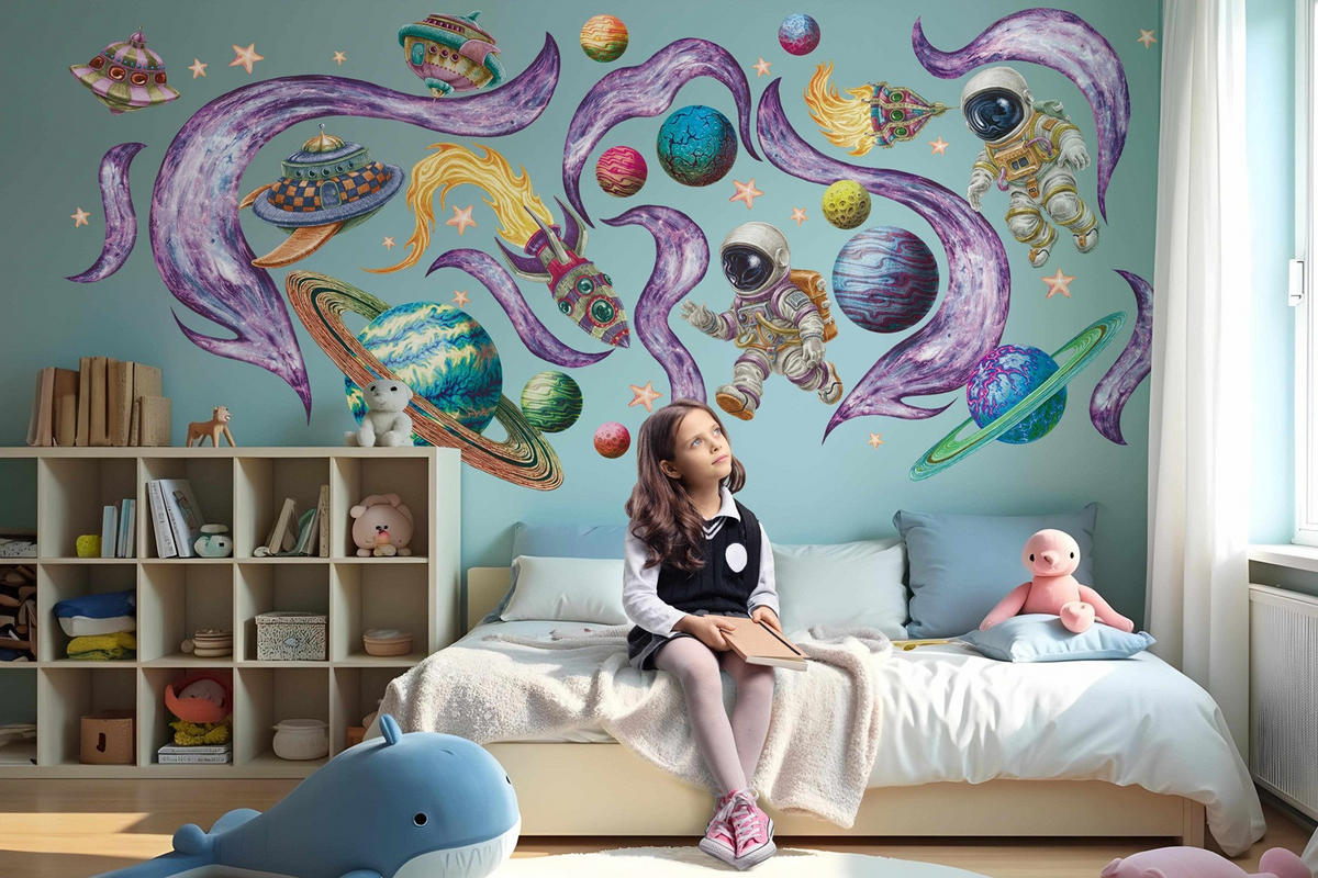 WANDAUFKLEBER 130x224cm - Planeten im Weltraum - Multicolor, Kunststoff (130/224/0.1cm) - Wallfluent