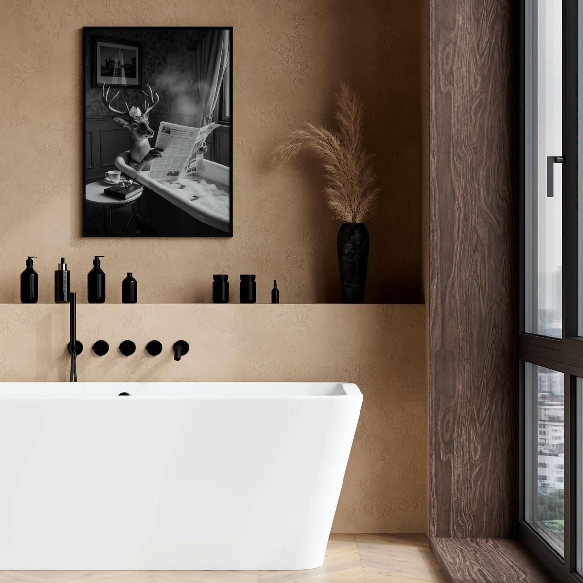 POSTER für Badezimmer WC Rehe HIRSCH in Badewanne Zeitung Abstraktion 30x40cm - Schwarz/Weiß, Papier (30/40/1cm) - Muralo