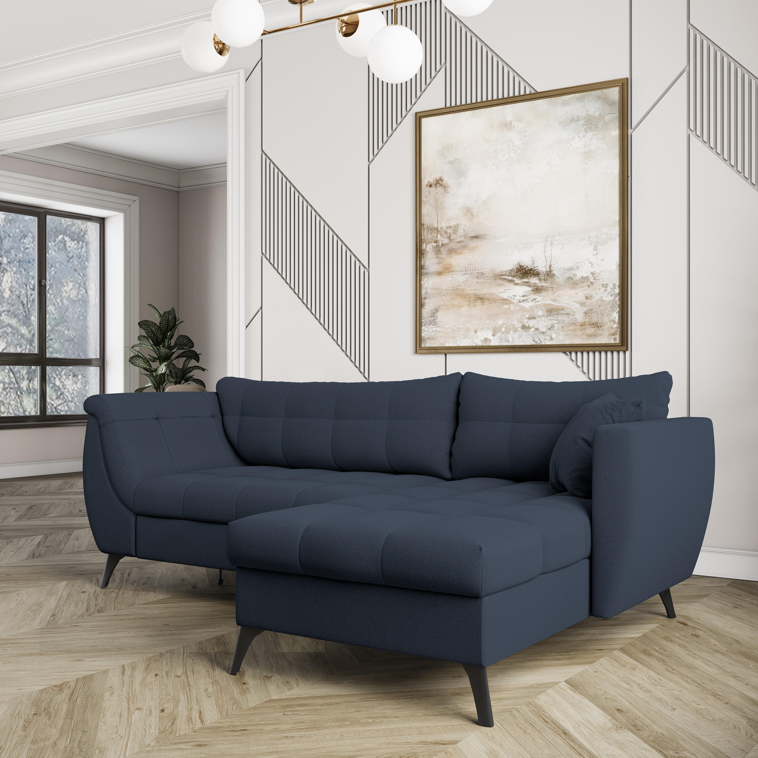 ECKSOFA MOLLIS Blau Geflochtener-Stoff mit Schlaffunktion - Blau, Holz (241/154cm) - MASSENO