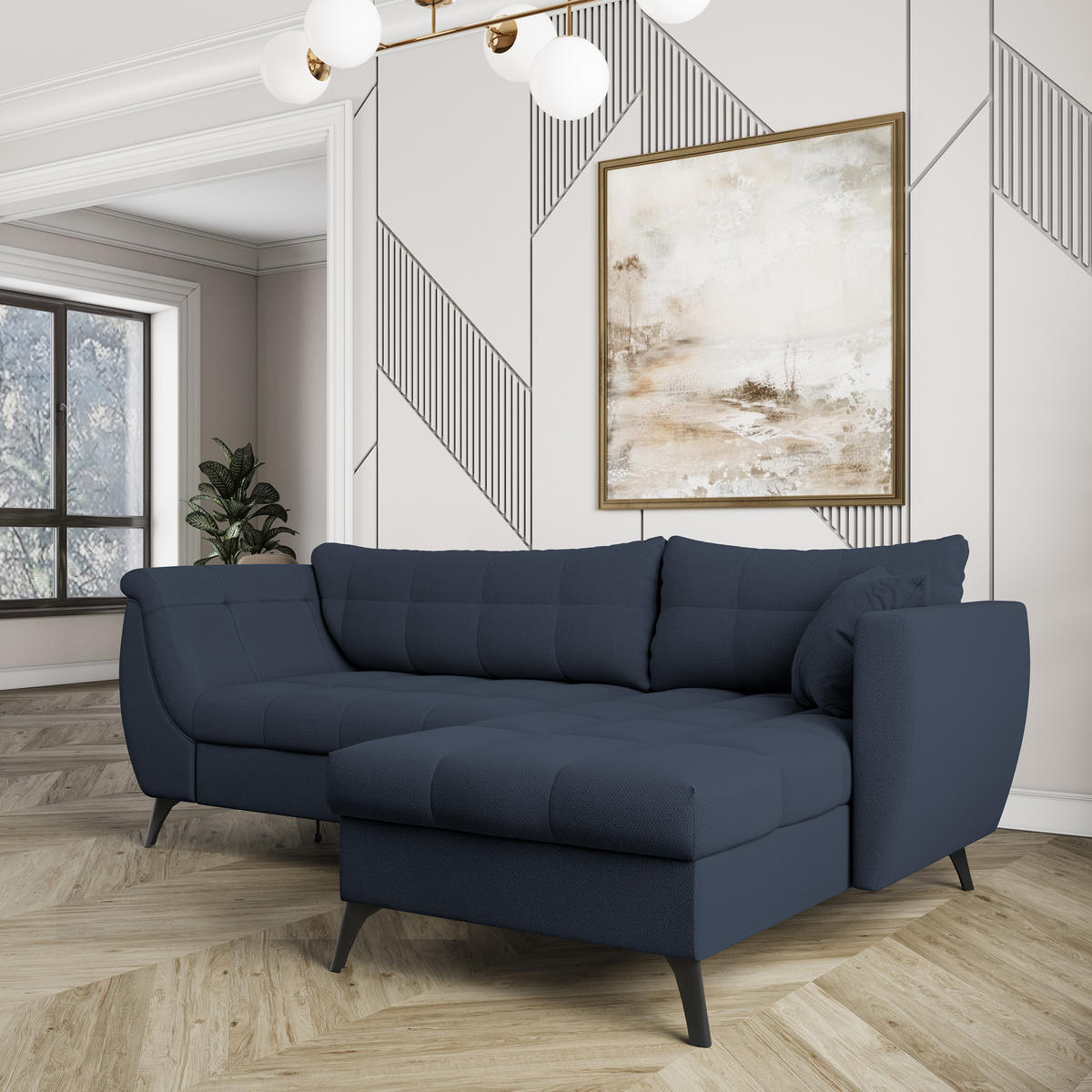 ECKSOFA MOLLIS Blau Geflochtener-Stoff mit Schlaffunktion - Blau, Holz (241/154cm) - MASSENO