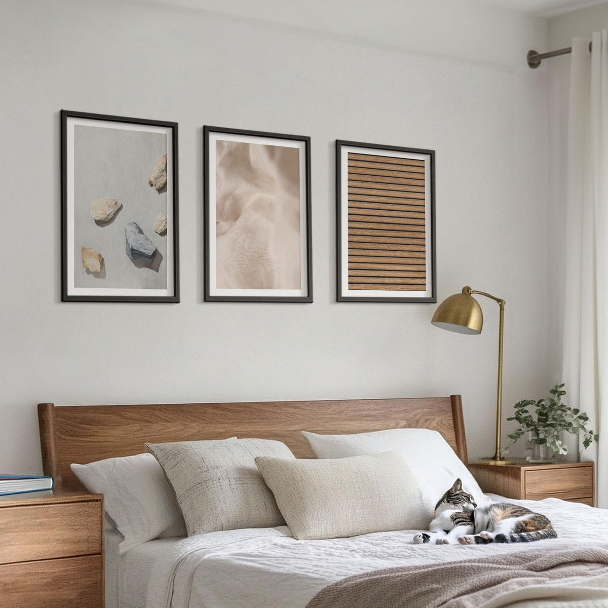 BILDER SET 3er Set - 40x60 cm Schwarzer Rahmen - Steine, Holz, Stofftexturen - Schwarz, Kunststoff (40/60cm) - TULUP