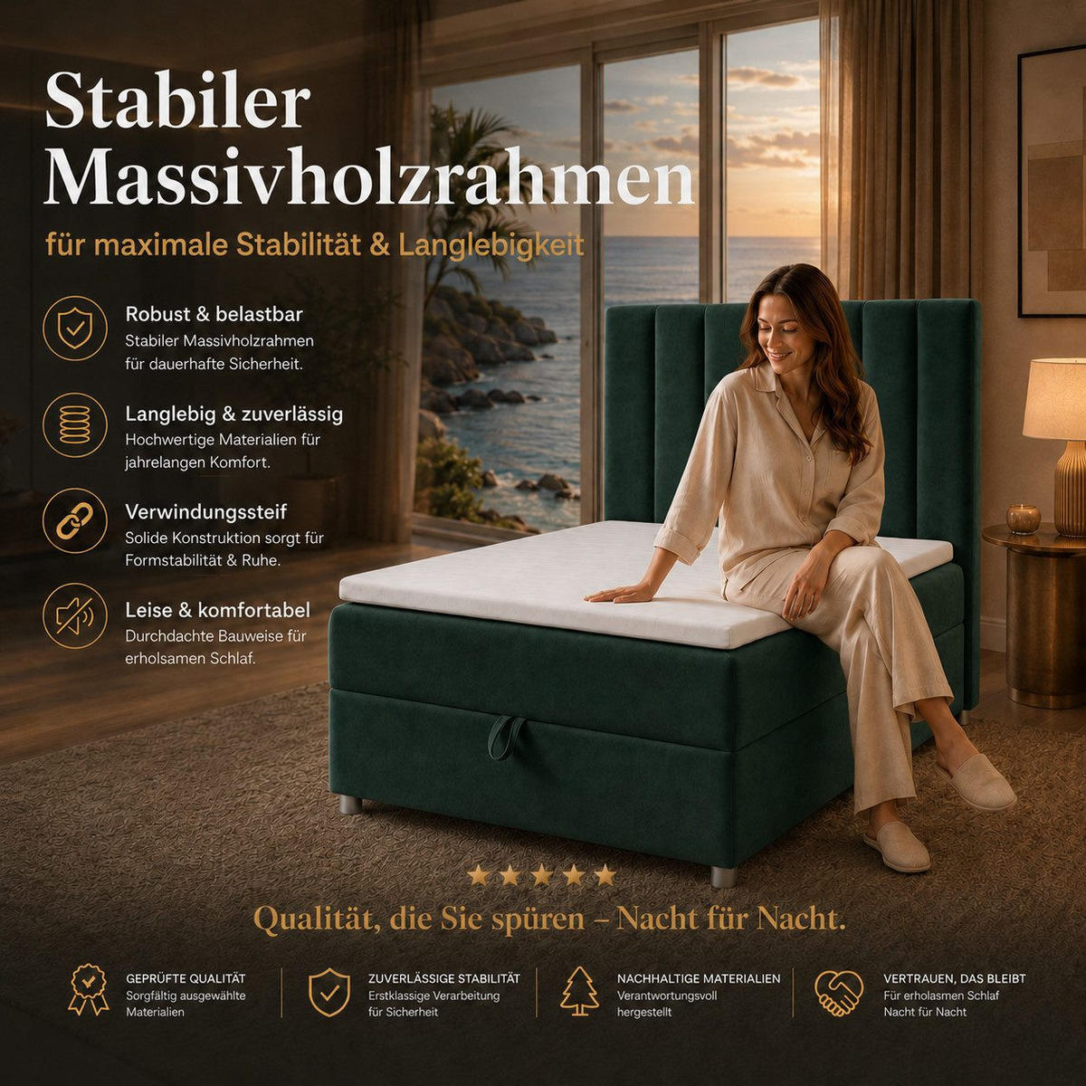 BOXBETT mit Bettkasten Trinity K-10 SINGLE Bonellfederkern inkl. Topper - Grün, Holz/Holzwerkstoff (90/200cm) - Best For Home