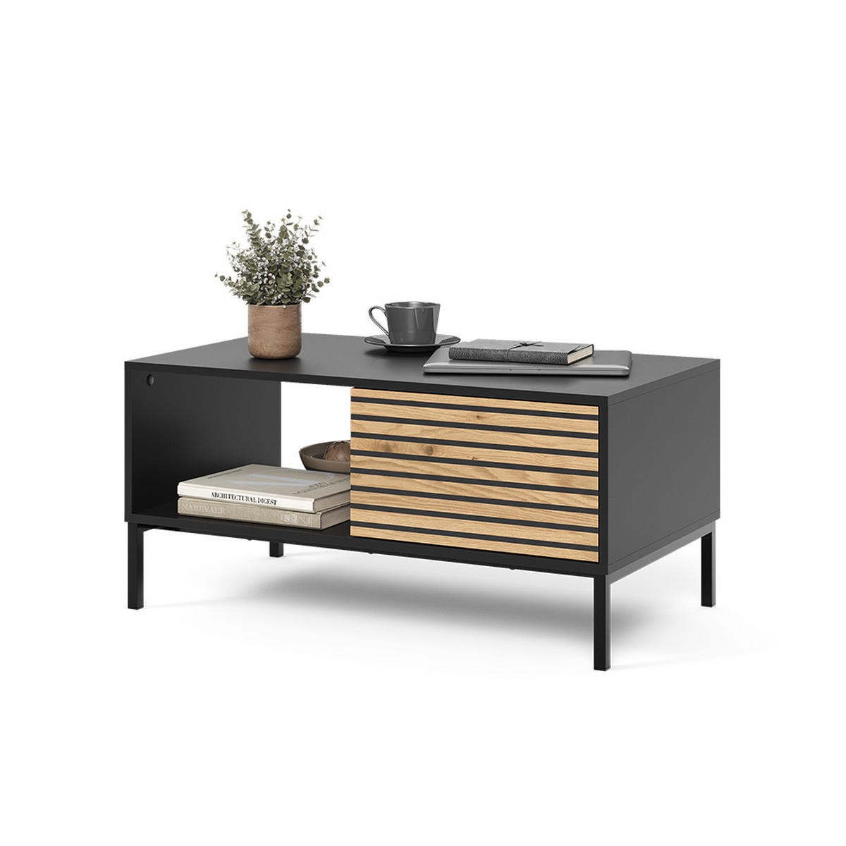 COUCHTISCH Eliza Schwarz/Eiche 90 x 50 cm mit einer Schublade - Anthrazit/Eiche Wotan, Holzwerkstoff (50/90/45cm) - Vicco