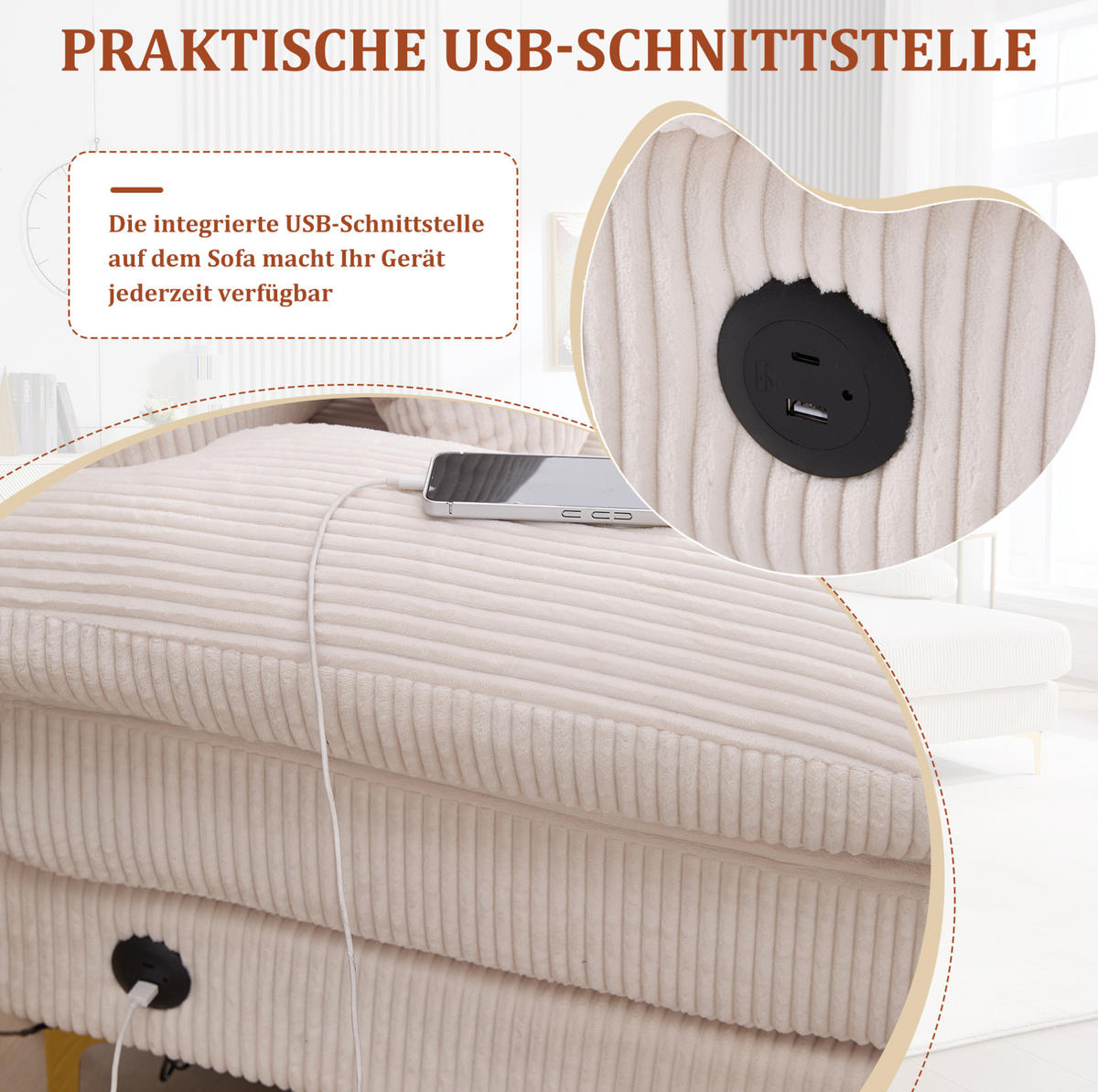 WOHNLANDSCHAFT 265/135/88 cm in Beige mit LED-Beleuchtung und USB-Anschluss - Beige, Textil (135/88/265cm) - Flora Grace