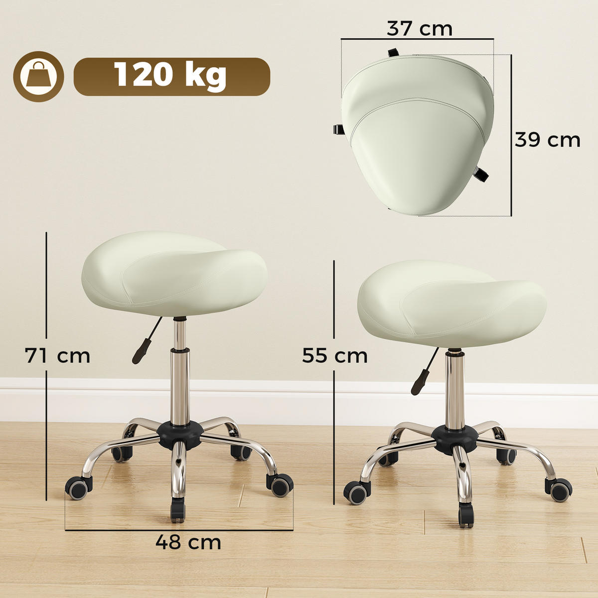 ROLLHOCKER PU Cremeweiß - Chromfarben/Creme, Leder/Kunststoff (48/71/48cm) - HOMCOM
