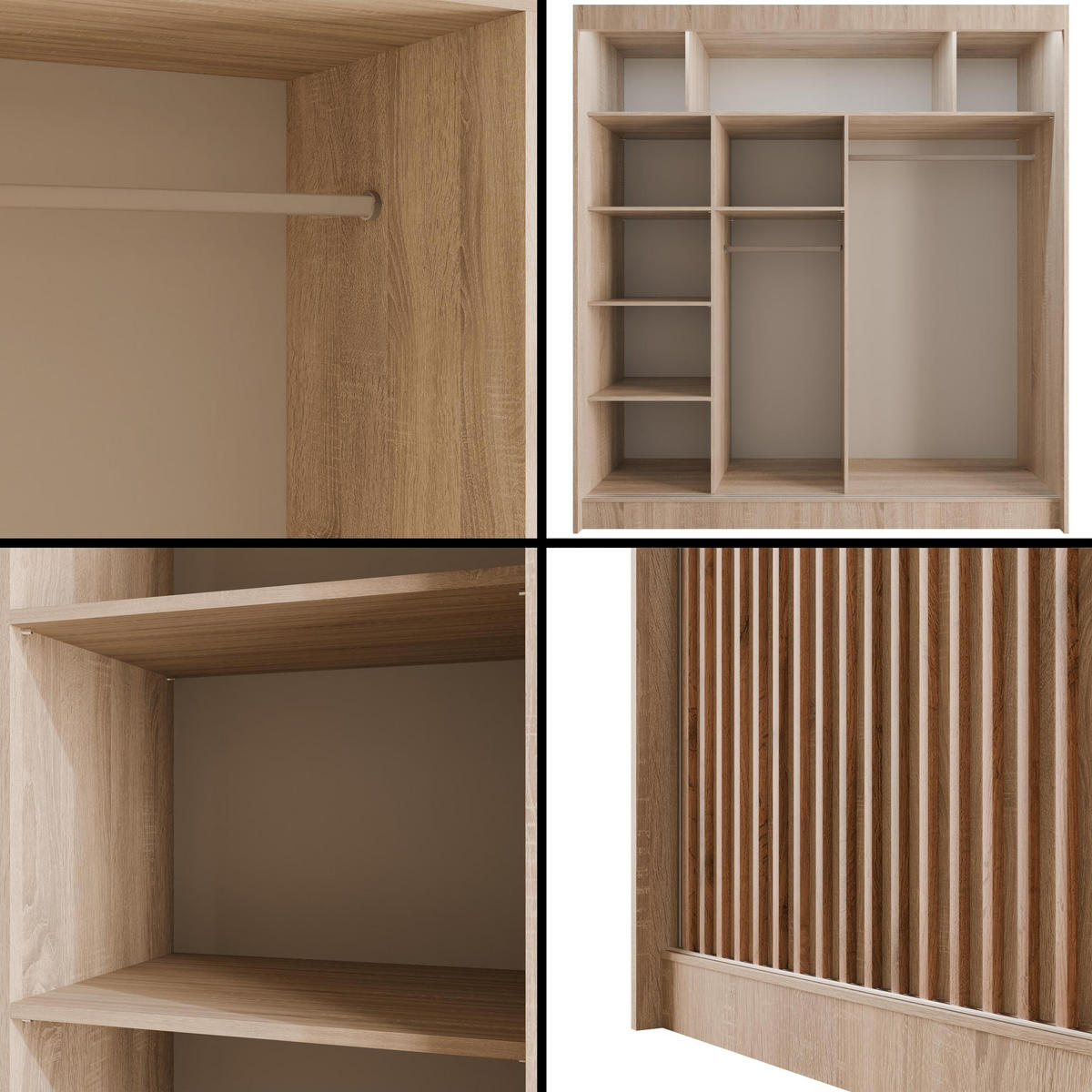 KLEIDERSCHRANK mit LED, Lamel-Schiebetüren VILANv2 - 200 cm Sonoma Eiche + Sonoma Eiche + Lamelle Eiche Wotan - Eiche Wotan/Sonoma Eiche, Holzwerkstoff (200/215/61cm) - ALTDECOR