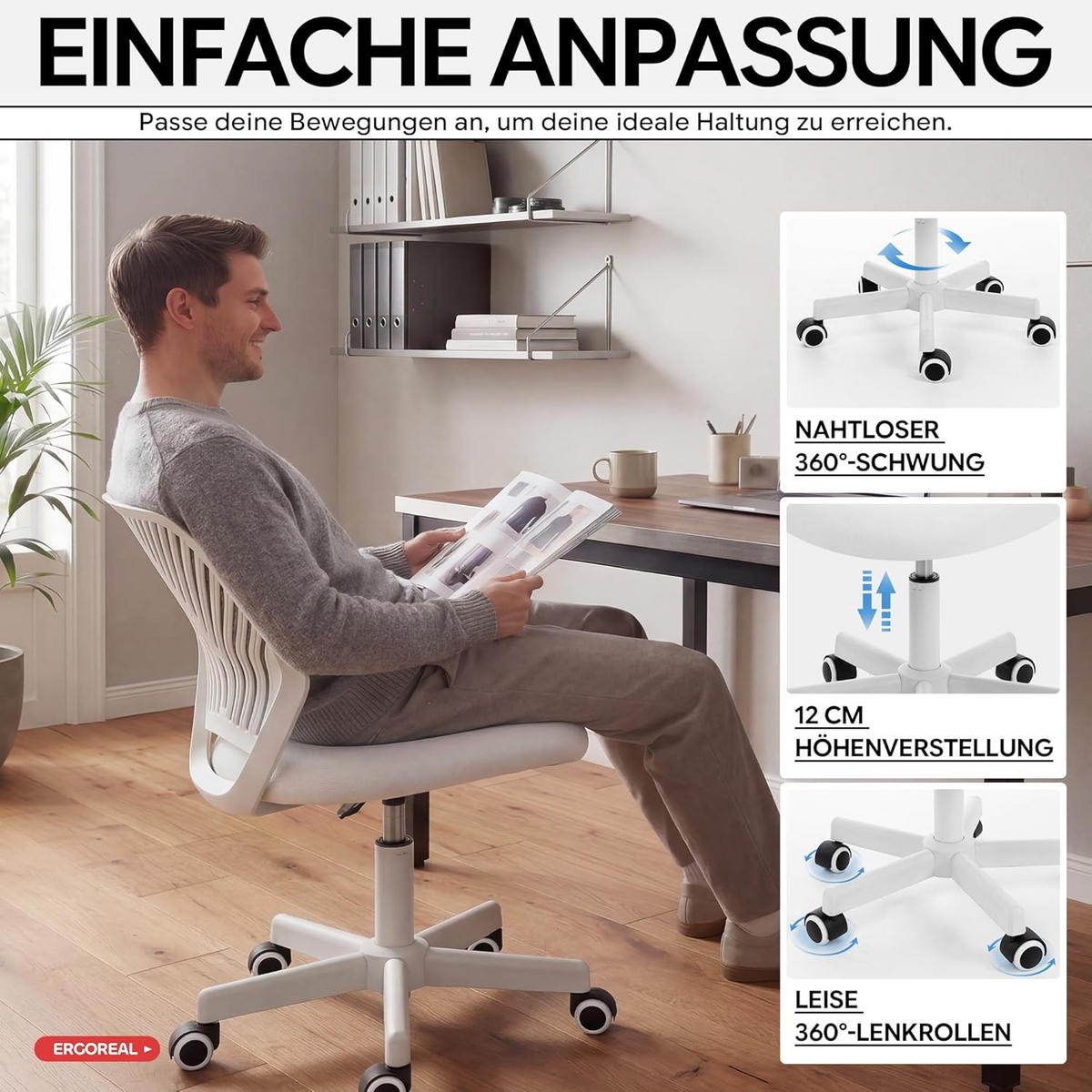 BÜROSTUHL Ergonomischer ohne Armlehne, mit Rollen & Höhenverstellung - Weiß, Metall (55/79/55cm) - Gisaae