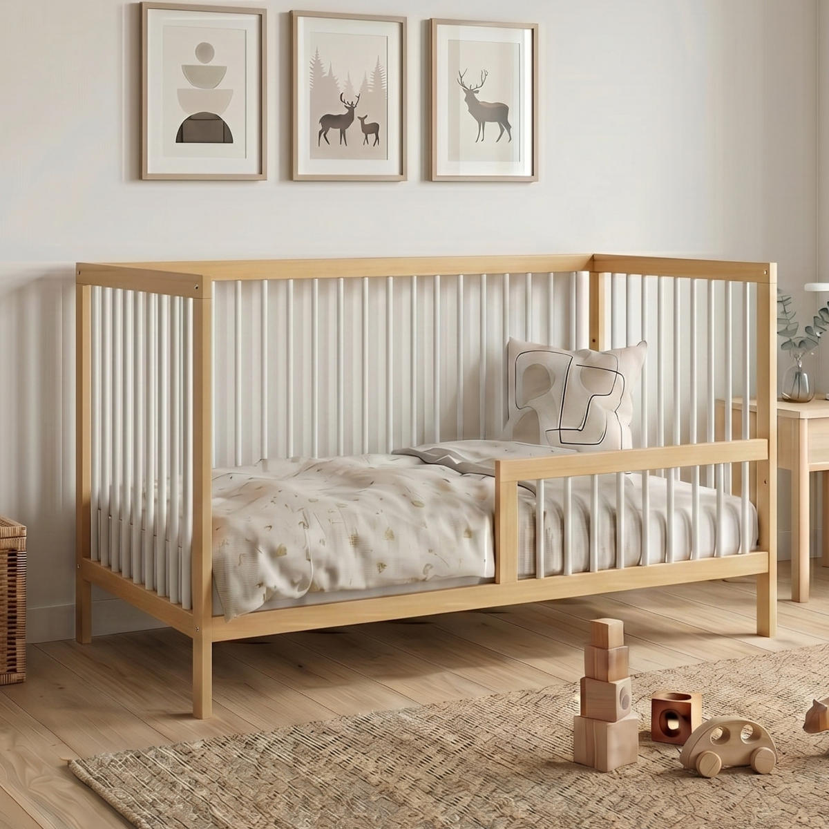 BABYPOSTIEĽKA s polovičnou bočnou zábranou 60x120 cm v prírodno-bielej farbe - biela/prírodná farba, drevo (60/120cm) - Kids Collective