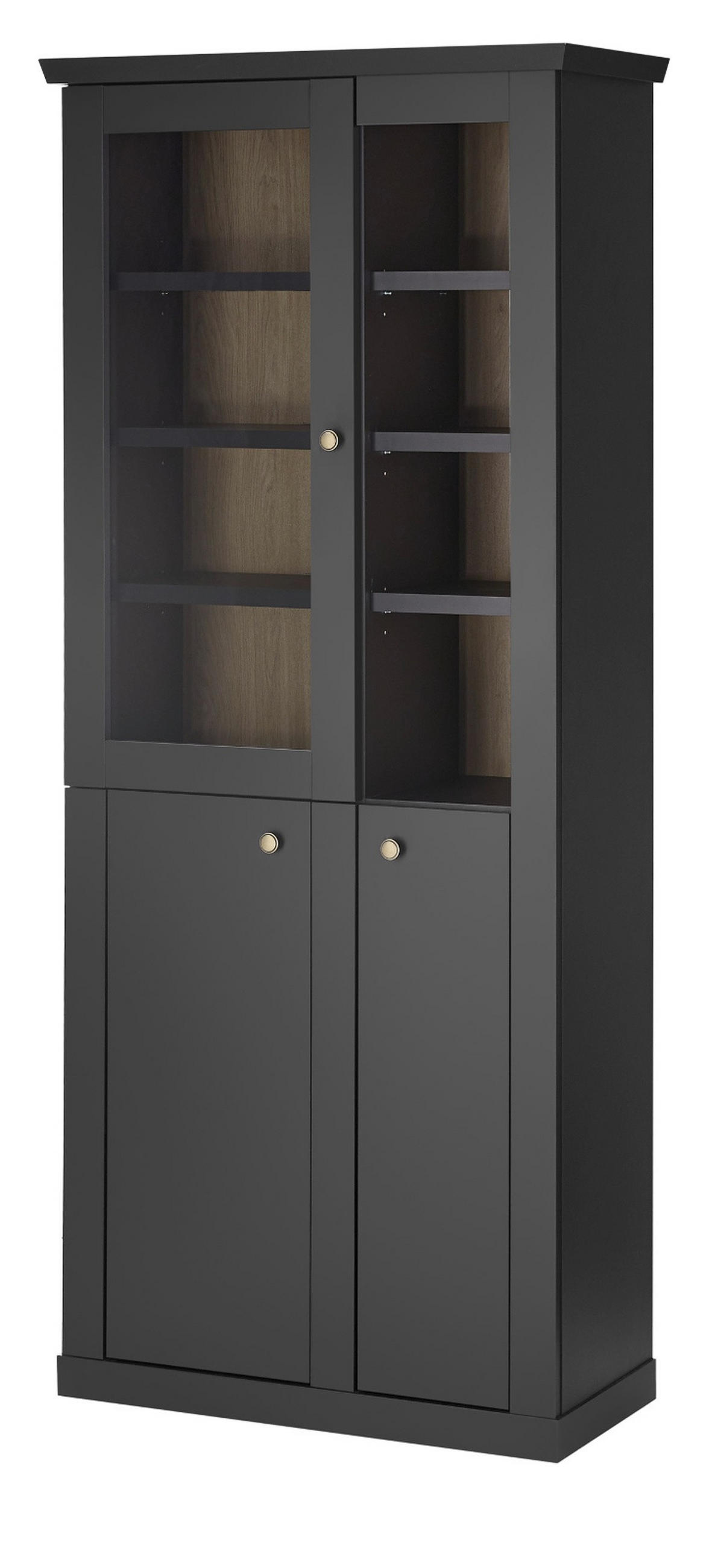 VITRINE schwarz matt, Eiche 86 cm, Vitrinenschrak Landhaus mit Soft-Close - Eichefarben/Messingfarben, Glas/Holzwerkstoff (86/200/39cm) - Furn.Design