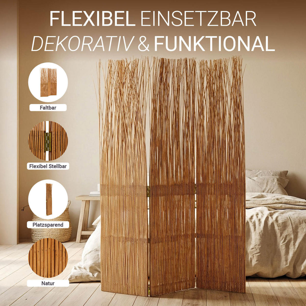 PARAVENT 3-tlg. 120/170 cm Hellbraun Weide - Hellbraun, Naturmaterialien (120/170/2cm) - Homestyle4u