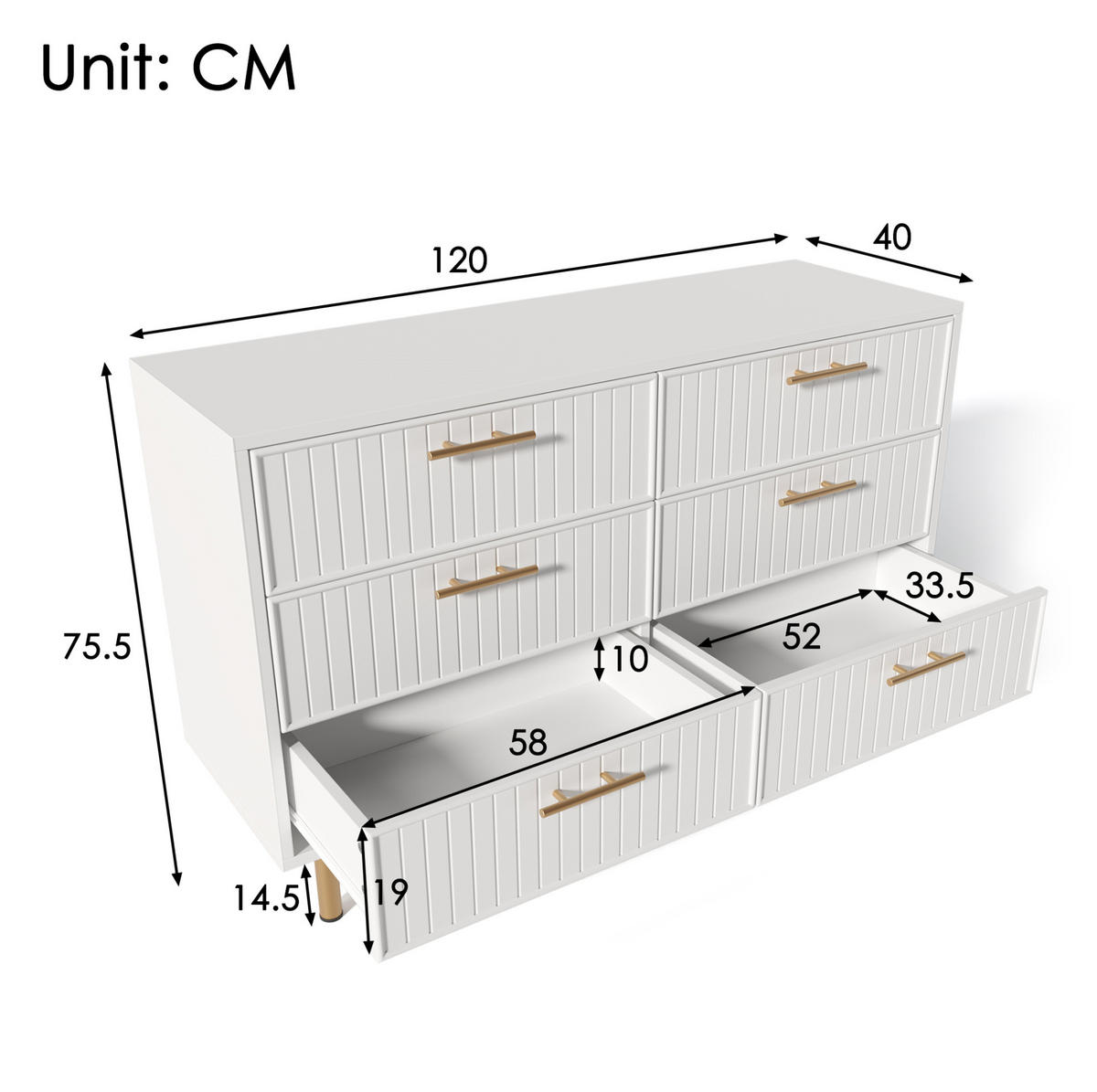KOMODA 120/40/75 cm od iverice bijela sa 6 ladica i metalnim postoljem - bijela, drvni materijal (120/40/75cm) - Modenvie