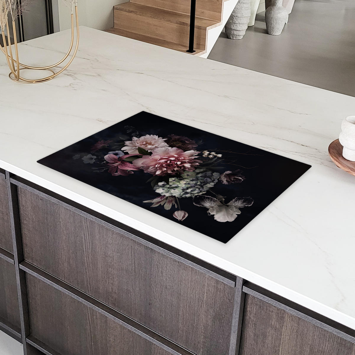 HERDABDECKPLATTE Blumen - Vintage - Pastell - Rosa - Weiß Induktionsschutz 80x52.2 cm - Altrosa, Kunststoff (80.2/52.2/0.2cm) - MuchoWow