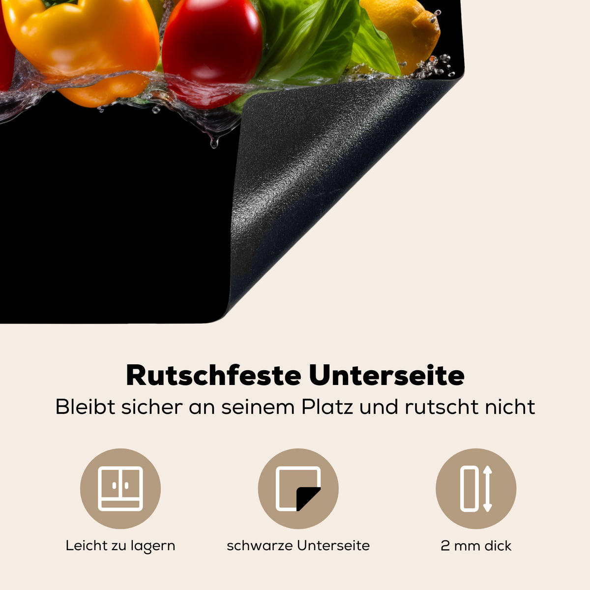 HERDABDECKPLATTE Paprika - Wasser - Gemüse - Schwarz Abdeckung Ceranfeld 58.3x51.3 cm - Multicolor, Kunststoff (58.3/51.3/0.2cm) - MuchoWow