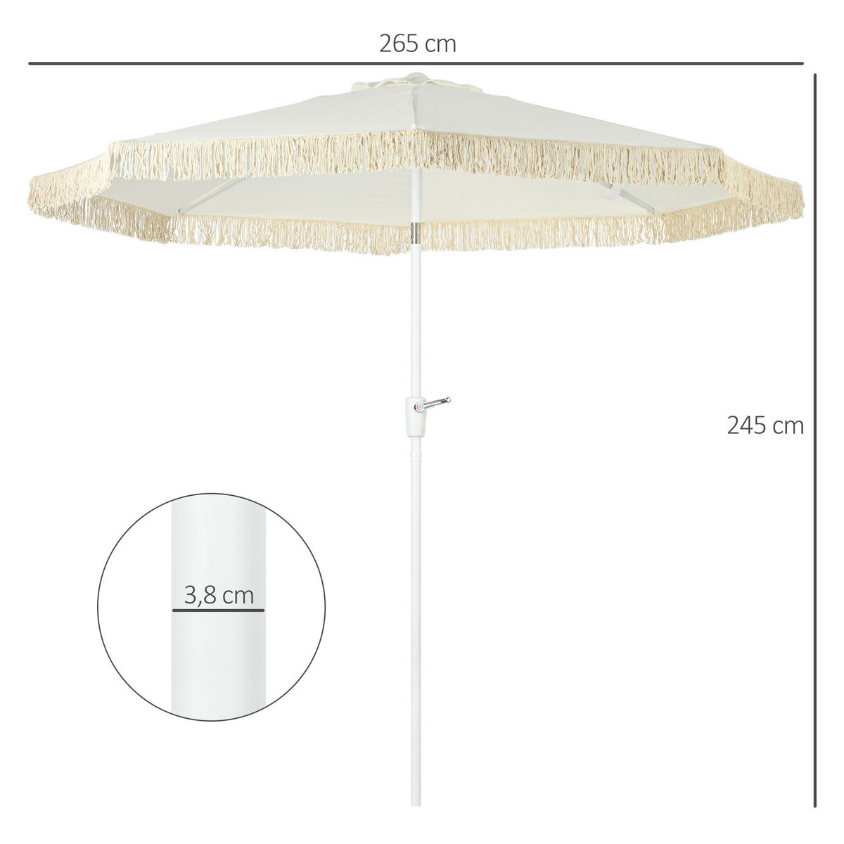 SONNENSCHIRM DE-11468 neigbar, mit Fransen, Kurbel Weiß - Weiß, Textil (265/265cm) - ComfortXL