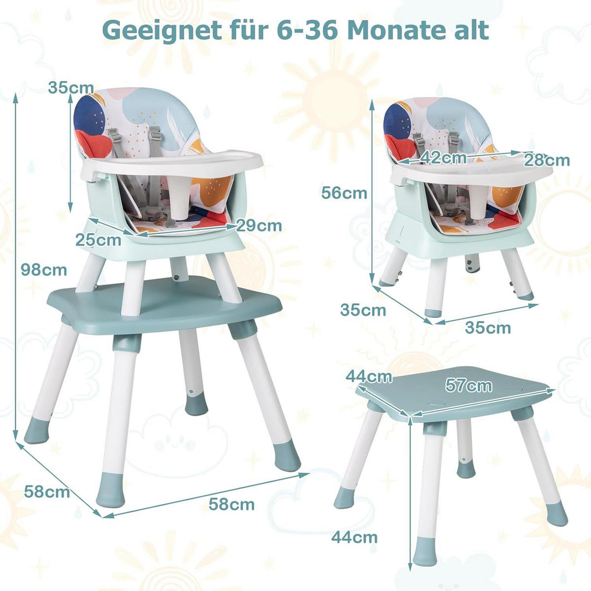 KINDERHOCHSTUHL mit Sicherheitsgurt & abnehmbarem Trichter bunt - Multicolor, Kunststoff (58/98/58cm) - COSTWAY