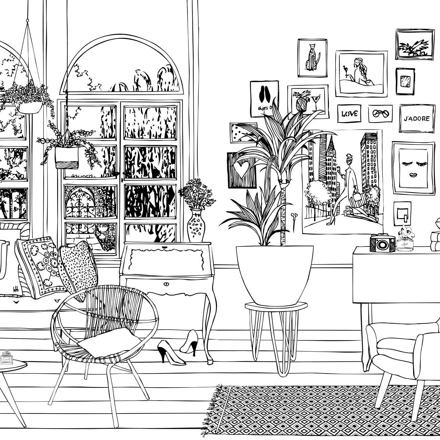 FOTOTAPETE Wohnzimmerzeichnung 372 x 279 cm - Schwarz, Papier (372/279cm) - ESTAhome