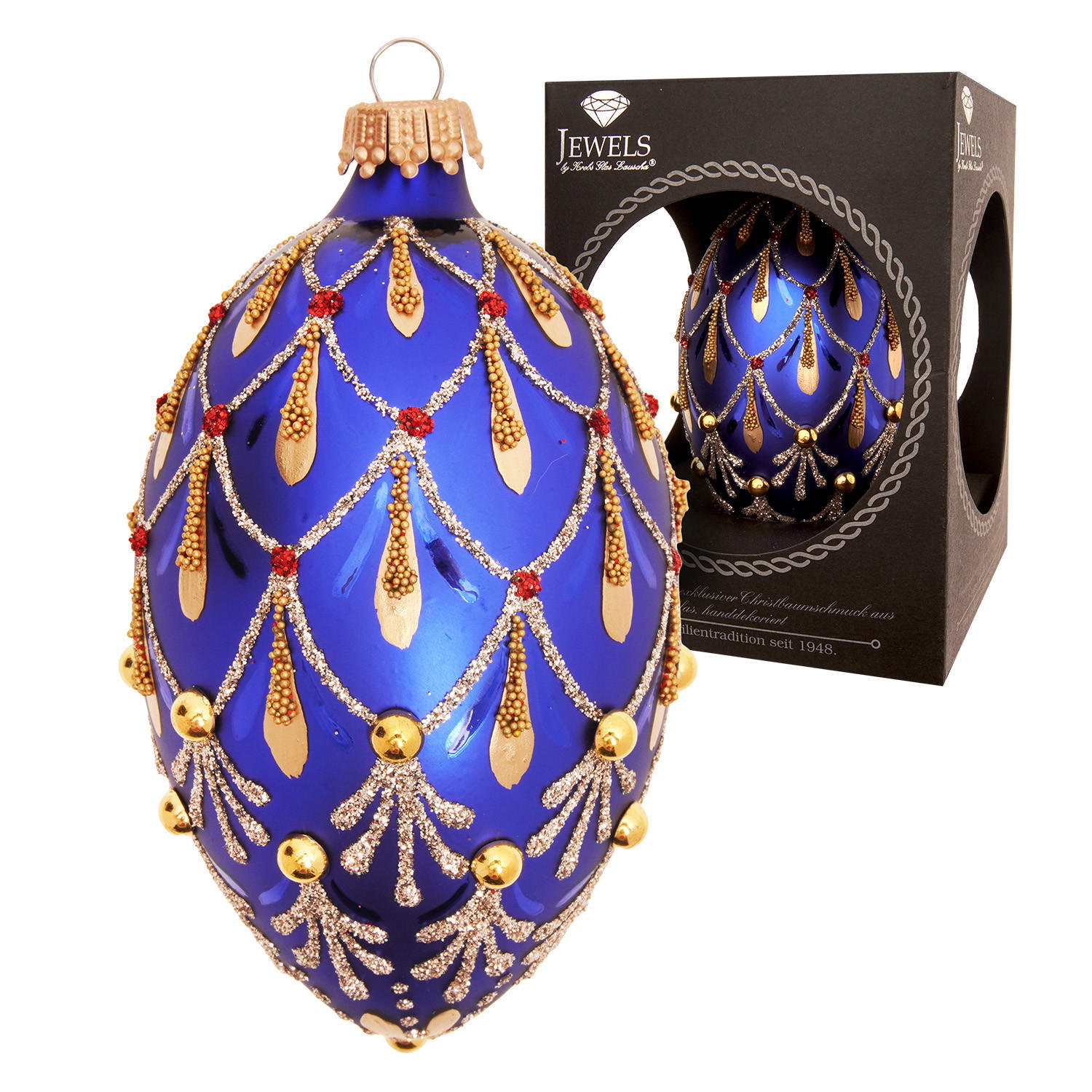 CHRISTBAUMSCHMUCK Ei-Strassdekor Venedig Blau 10cm (Glas / 1 Stk.) - Blau, Glas (7/10/7cm) - Krebs Glas Lauscha