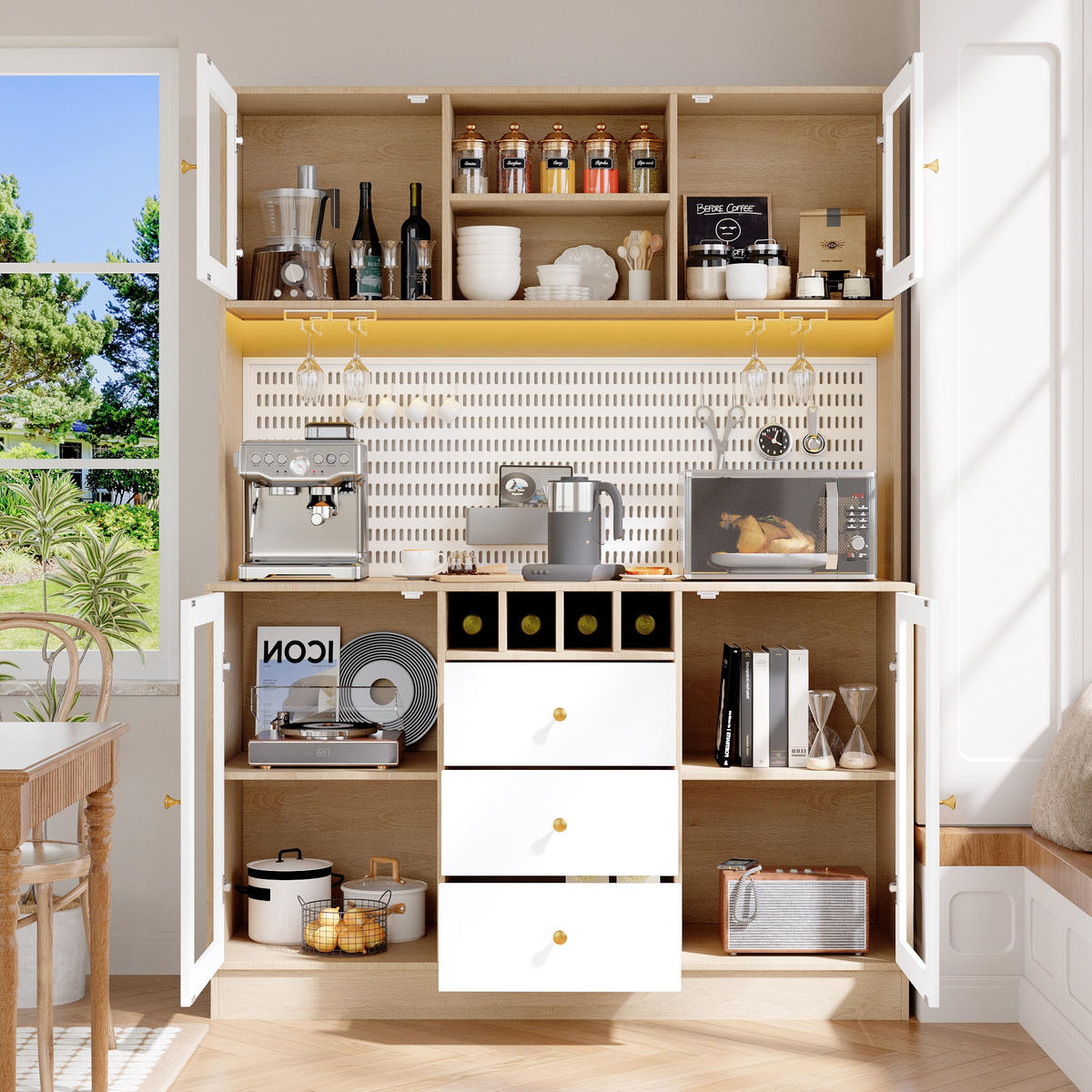GESCHIRRSCHRANK aus MDF & Glas 140x40x185.7cm in Weiß mit Smart LED - Weiß, Holzwerkstoff (140/185.7/40cm) - Modfu