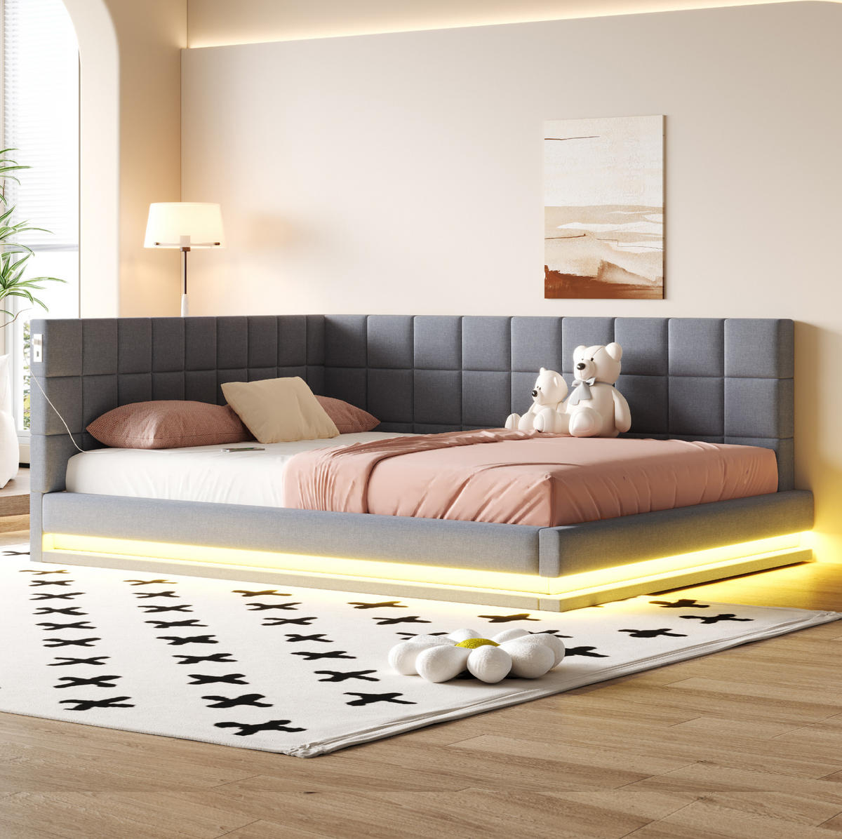 POLSTERBETT mit LED-Beleuchtung 160/200 cm mit USB und Lattenrost in Grau - Grau, Textil (160/200cm) - BEAOK
