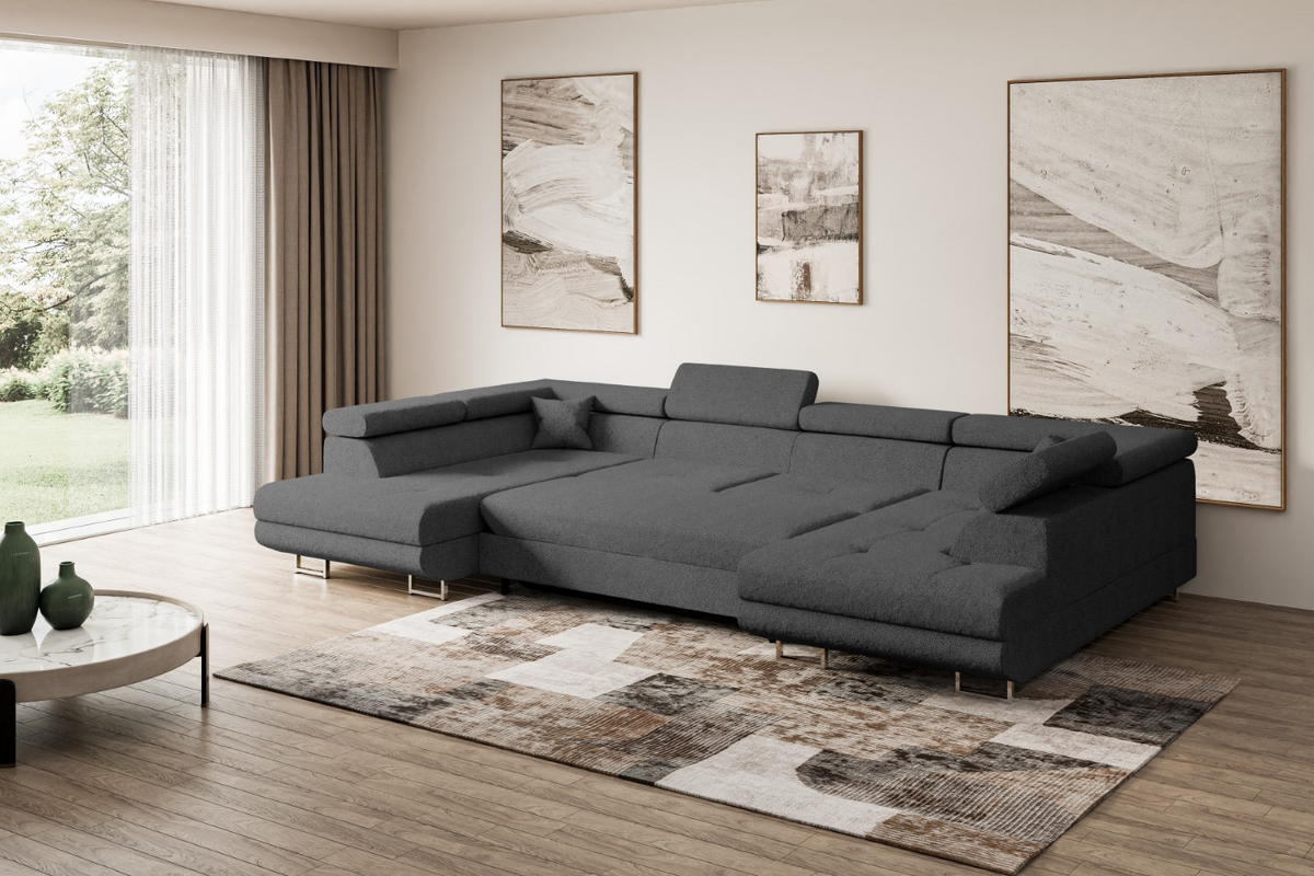 WOHNLANDSCHAFT mit Schlaffunktion und Bettkasten GUSA-U 342x202x107 cm Grau Bouclé - Silberfarben/Grau, Holzwerkstoff/Textil (342/107/202cm) - ALTDECOR