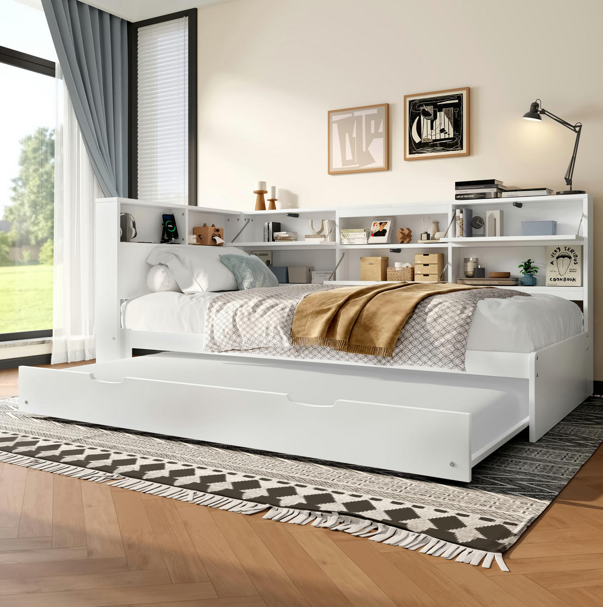 POLSTERBETT 90/200 cm Weiß mit Stauraum und USB- und Type-C-Anschlüssen - Weiß, Holz (90/200cm) - Flora Grace