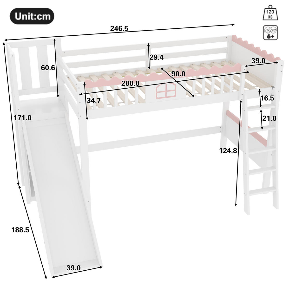 HOCHBETT 90/200 cm aus Kiefer mit Rutsche und Regalen Weiß - Weiß, Holz (90/200cm) - Modenvie