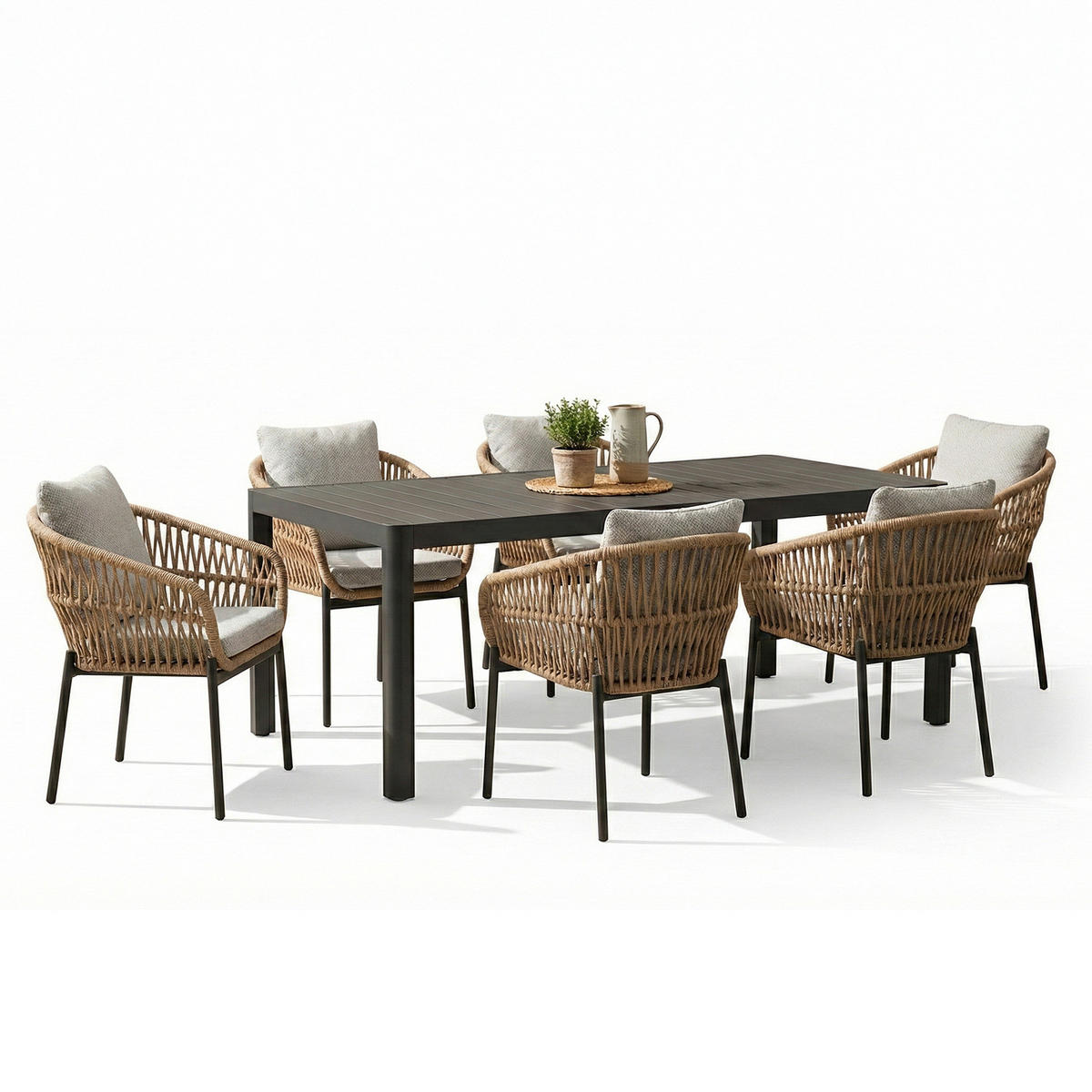 GARTENESSGRUPPE - 7-teilig - Aluminium / Polyrattan / Webstoff - Schwarz/Grau, Naturmaterialien/Textil - home24
