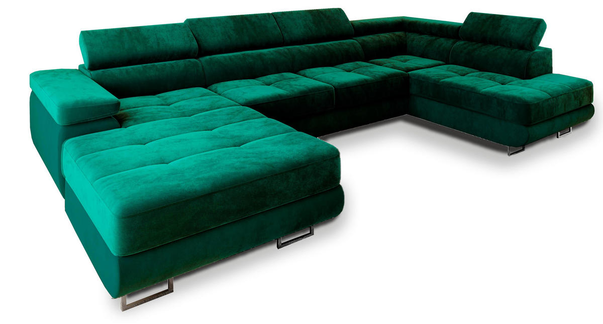 WOHNLANDSCHAFT CASONE R-S Grün Velours-Stoff mit Schlaffunktion - Grün, Holz (345/90/202cm) - MASSENO
