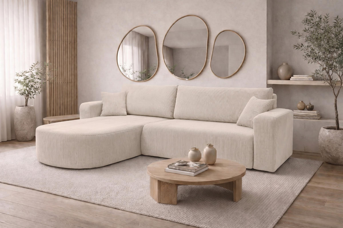 ECKSOFA Mit Schlaffunktion, Cordstoff Poso, Beige, Links, ROUND ONE XL - Creme, Holz (271/175cm) - Kaiser Möbel