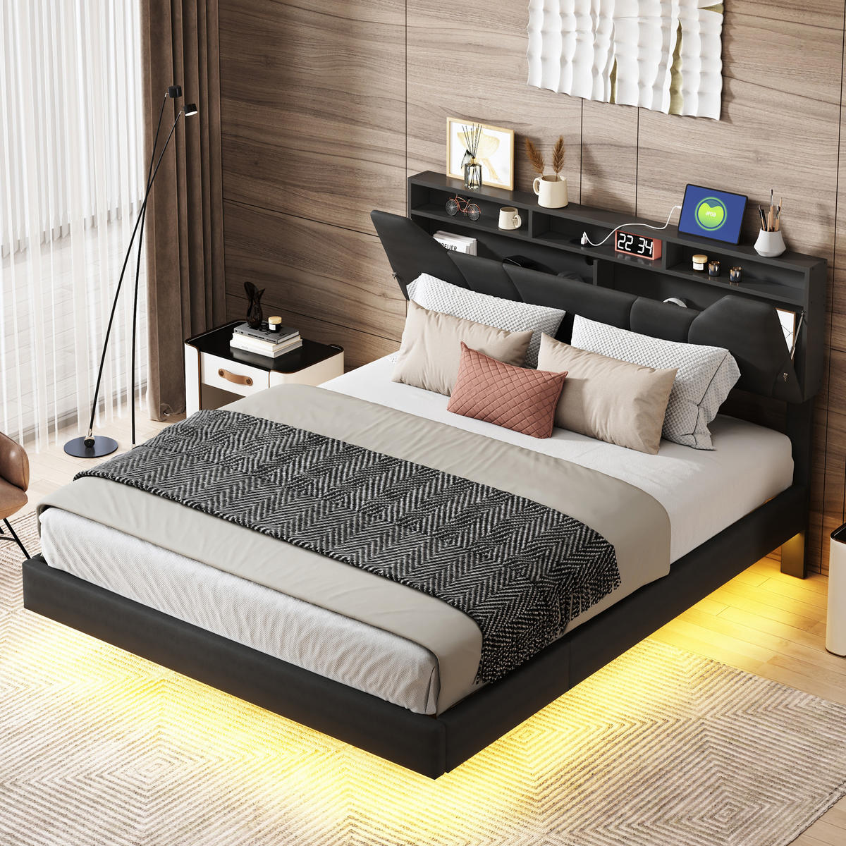 POLSTERBETT 160x200 cm mit hydraulischem Stauraum, Stauraumkopf, RGB-LED, USB-/Typ-C, PU-Leder in Schwarz - Schwarz, Holz (160/200cm) - BRILVERDE