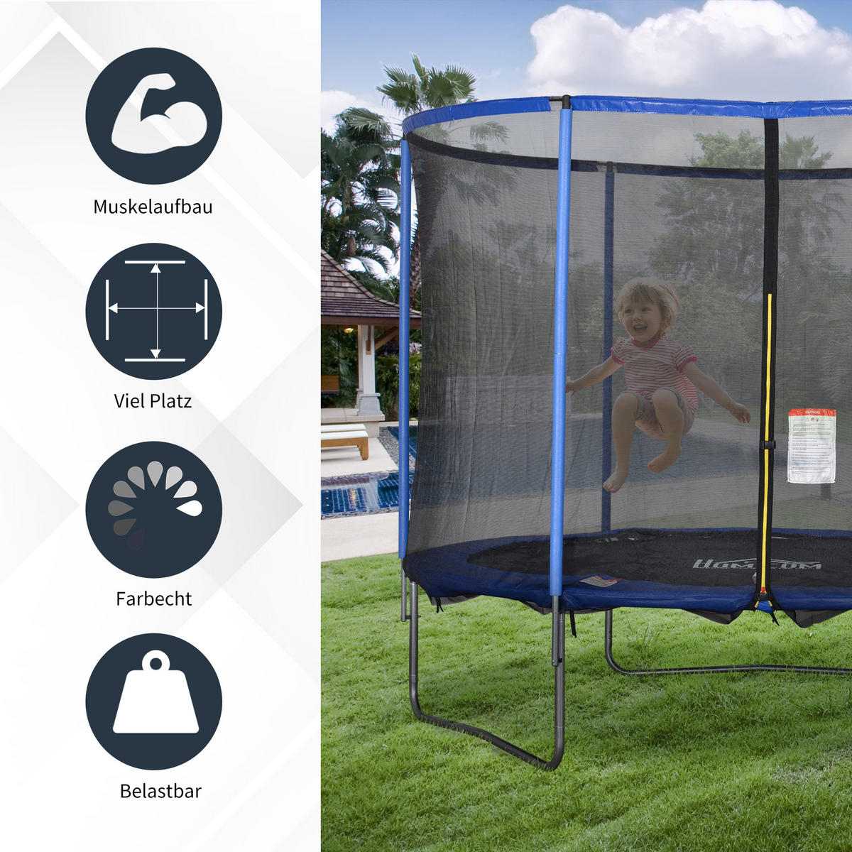 TRAMPOLIN mit Sicherheitsnetz, Stahl, Blau+Schwarz, bis 113,6 kg - Multicolor, Kunststoff (248/248/305cm) - HOMCOM