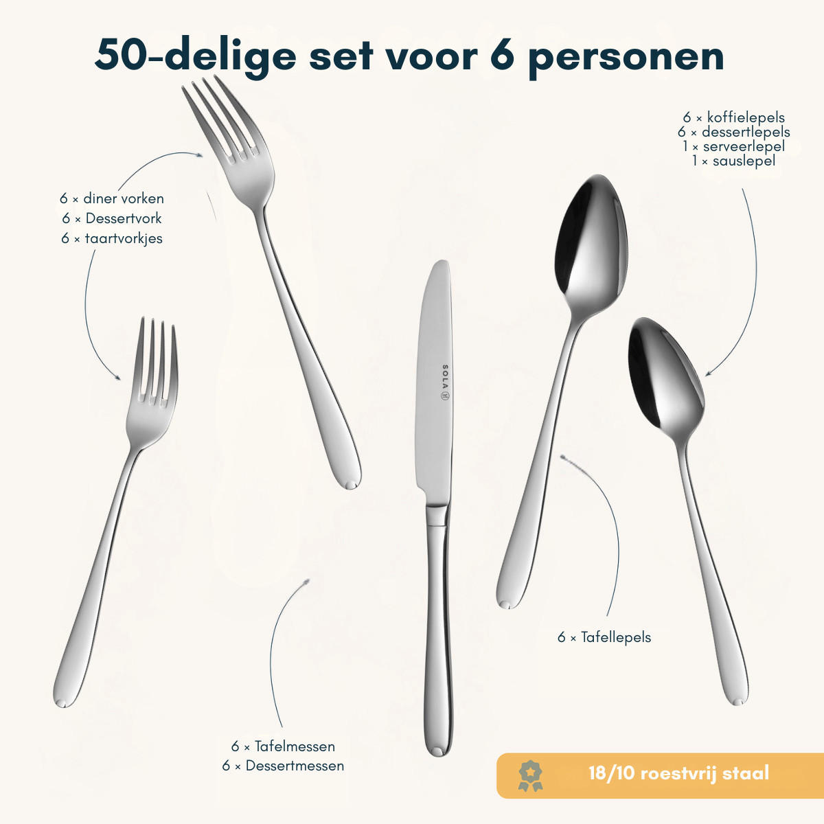 BESTECKSET Fleurie - 18/10 Edelstahl - 50-teilig / 6 Personen - Silberfarben, Metall - Sola